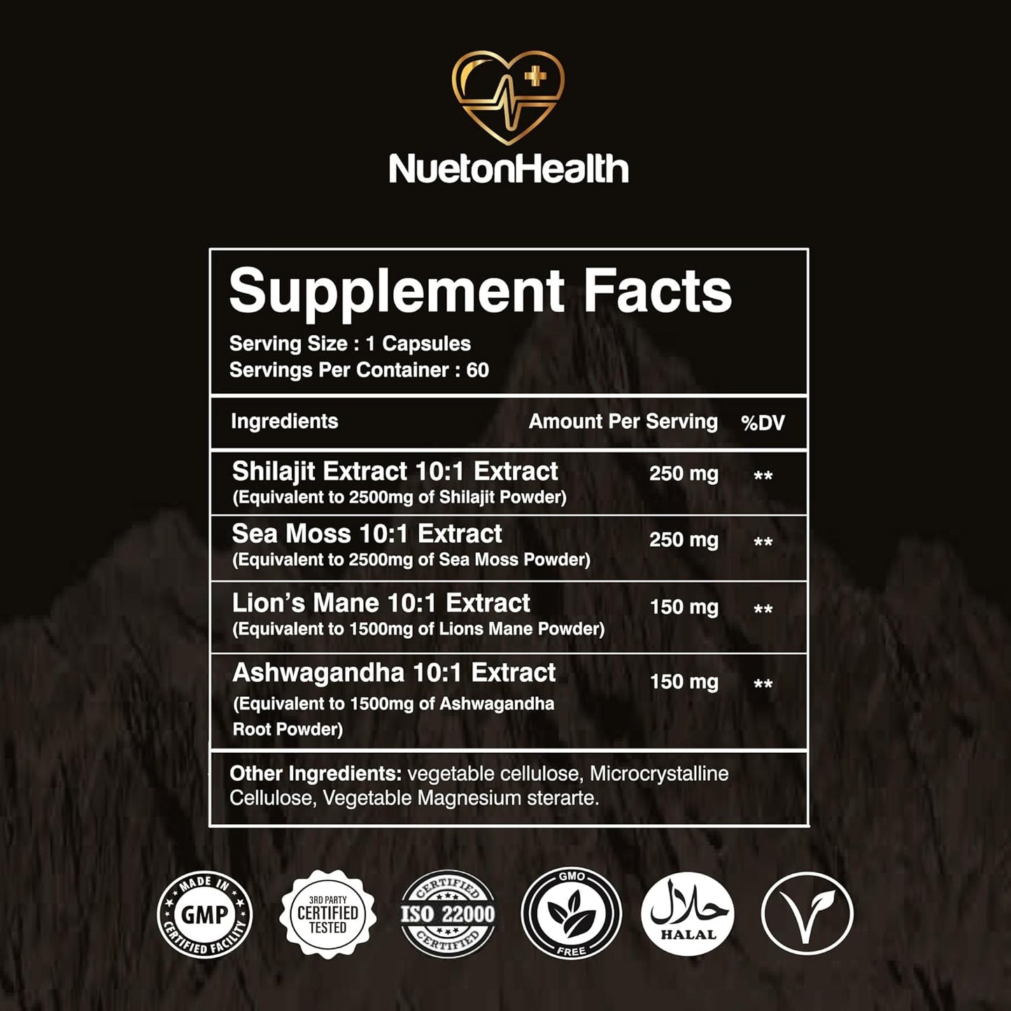 All-in-One Vegan Capsules for Mind, Body, and Vitality with Shilajit, Sea Moss, Lion's Mane, and Ashwagandha - 60 Capsules