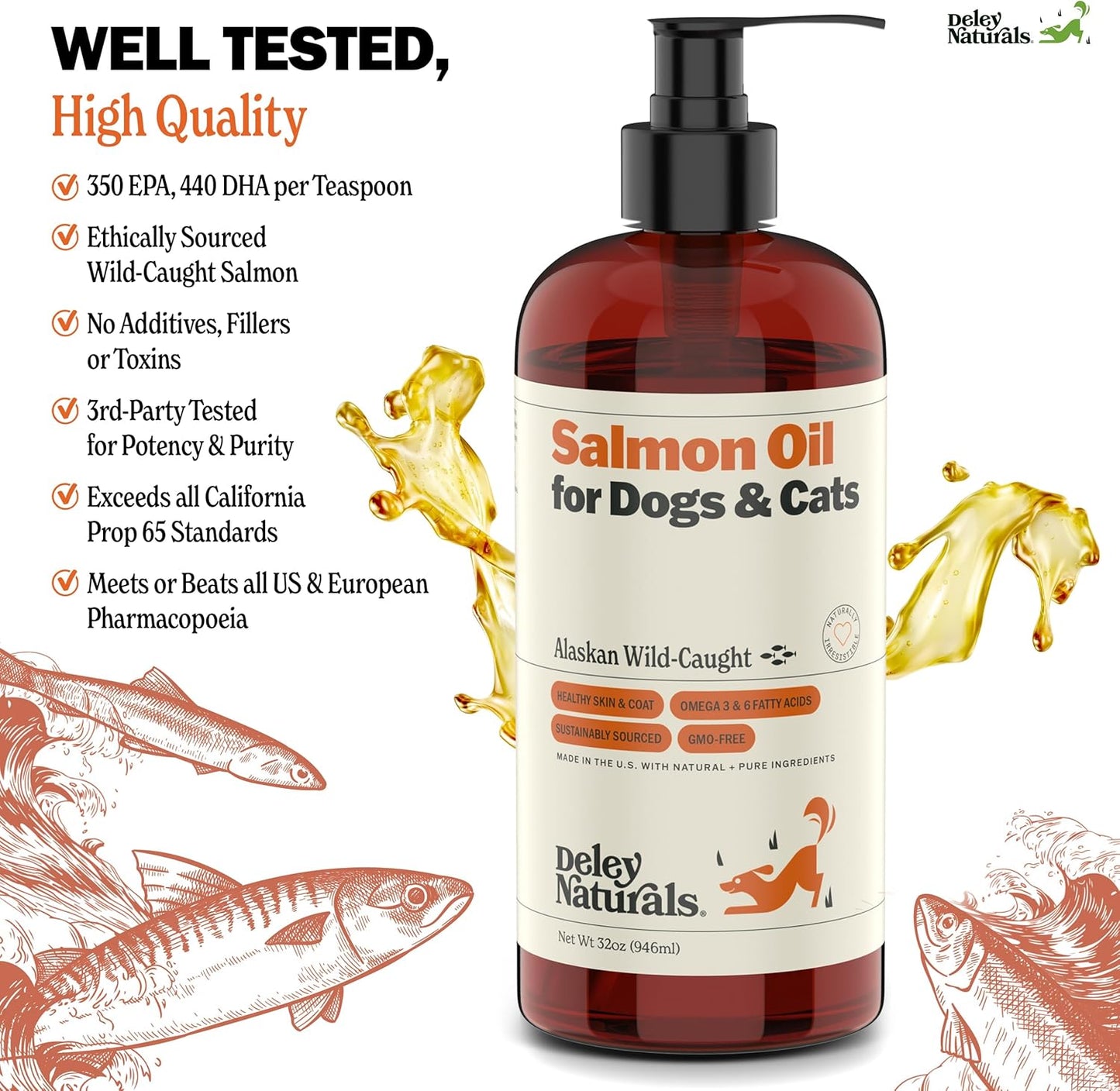 All-Natural Alaskan Wild Caught Salmon Oil for Dogs and Cats - Omega-3 Supplement for Skin, Coat, Joints - Sustainably Sourced - 32 oz