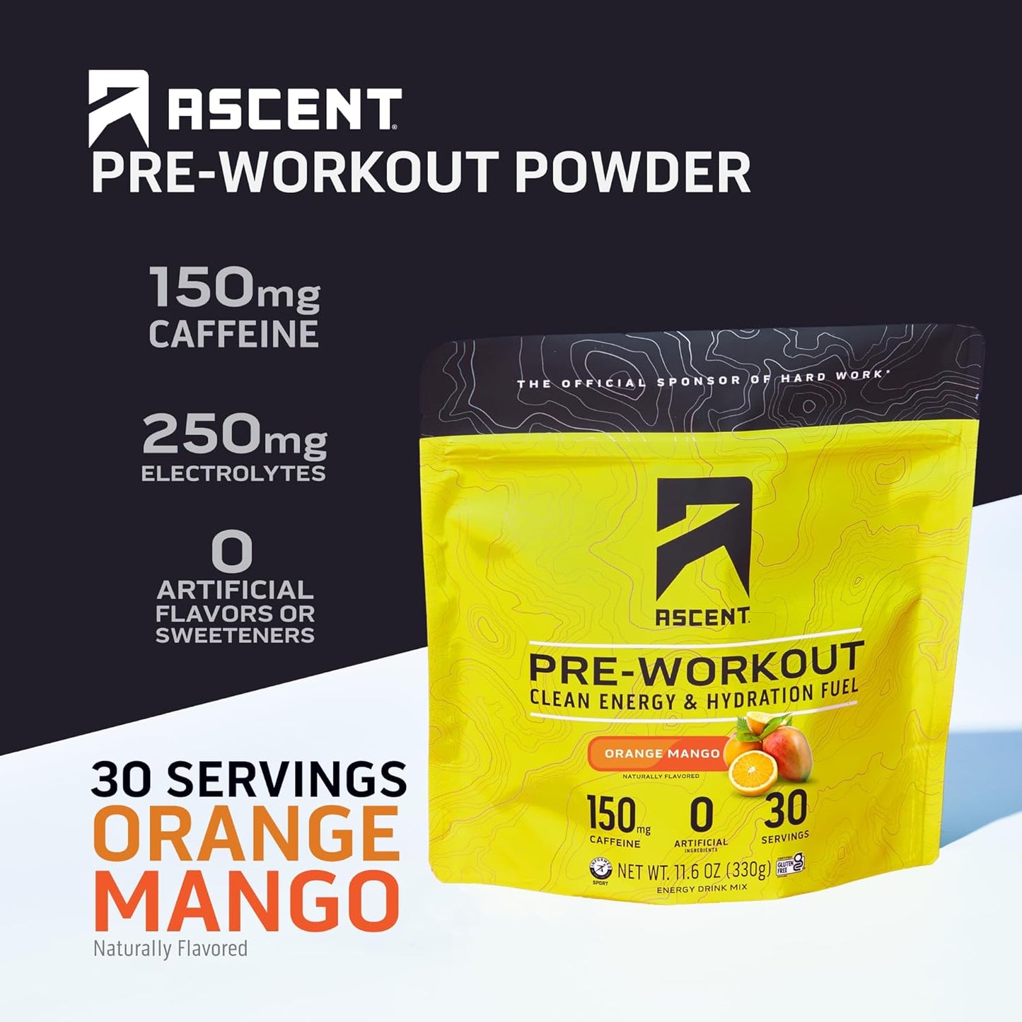 All-Natural Ascent Pre Workout Powder - Clean Energy with 150g Caffeine & 250g Electrolytes - Orange Mango Flavor - 30 Servings for Men & Women