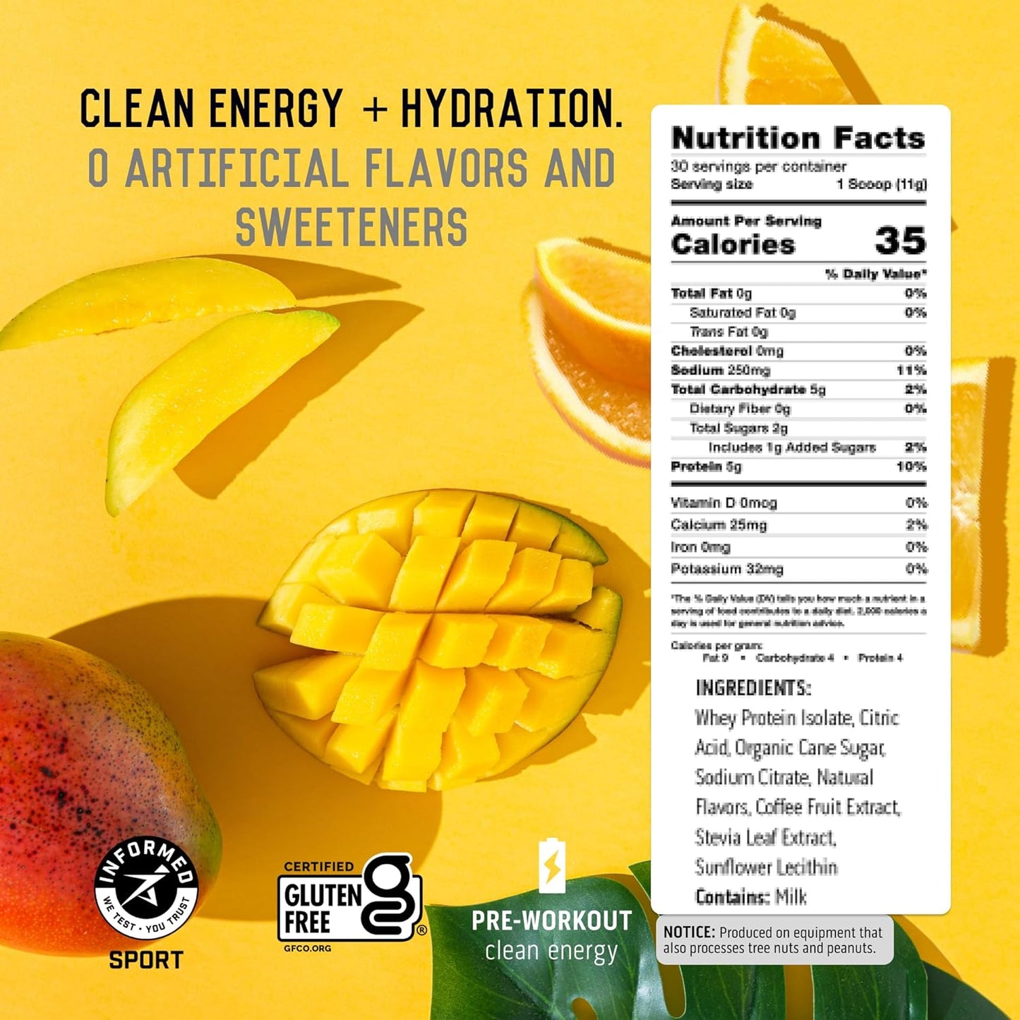 All-Natural Ascent Pre Workout Powder - Clean Energy with 150g Caffeine & 250g Electrolytes - Orange Mango Flavor - 30 Servings for Men & Women