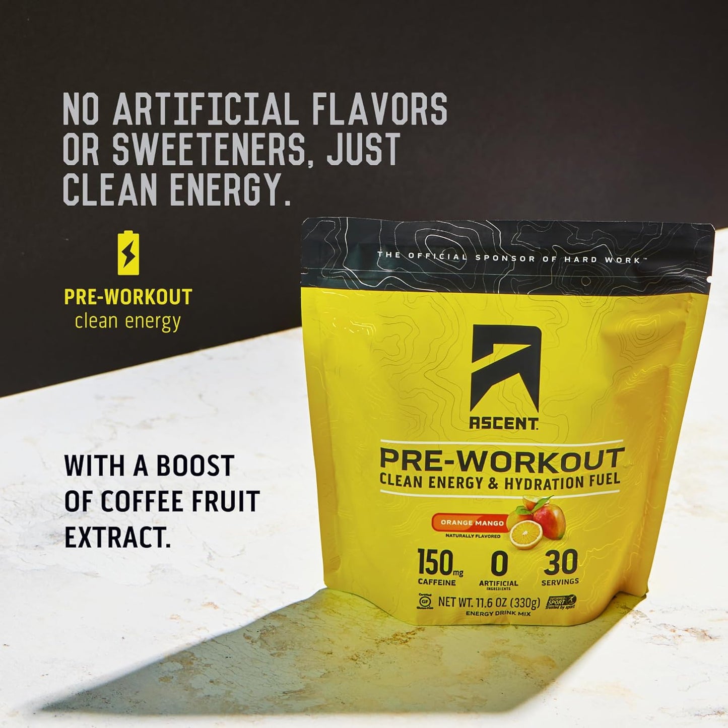 All-Natural Ascent Pre Workout Powder - Clean Energy with 150g Caffeine & 250g Electrolytes - Orange Mango Flavor - 30 Servings for Men & Women