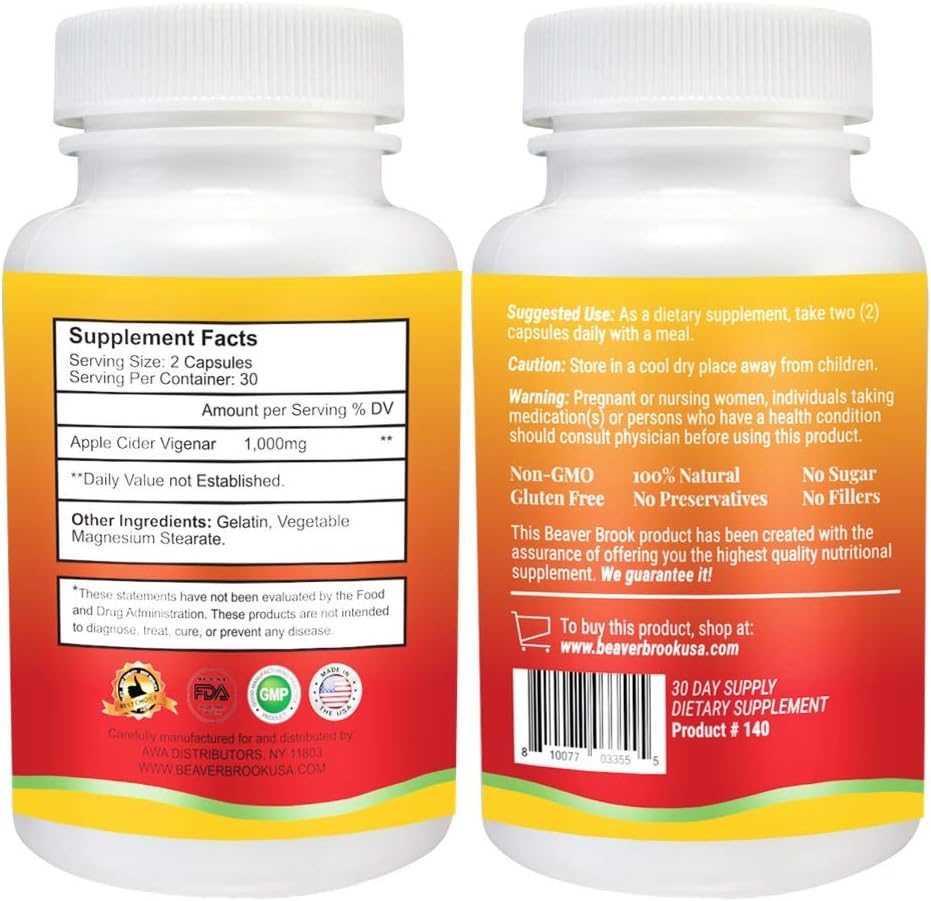 All Natural Beaver Brook Apple Cider Vinegar Dietary Supplement - 60 Capsules for Health and Wellness