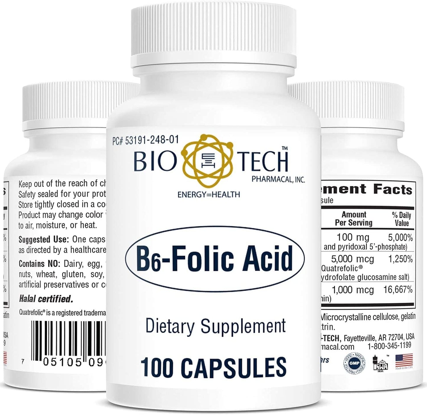 All-Natural Bio-Tech Pharmacal B6-Folic Acid Capsules for Cardiovascular, Bone, & Nervous System Health - 100 Count - Dairy, Fish, Gluten, Peanut, Shellfish, Halal, Soy-Free