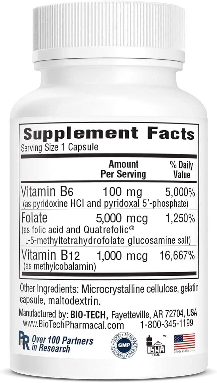 All-Natural Bio-Tech Pharmacal B6-Folic Acid Capsules for Cardiovascular, Bone, & Nervous System Health - 100 Count - Dairy, Fish, Gluten, Peanut, Shellfish, Halal, Soy-Free