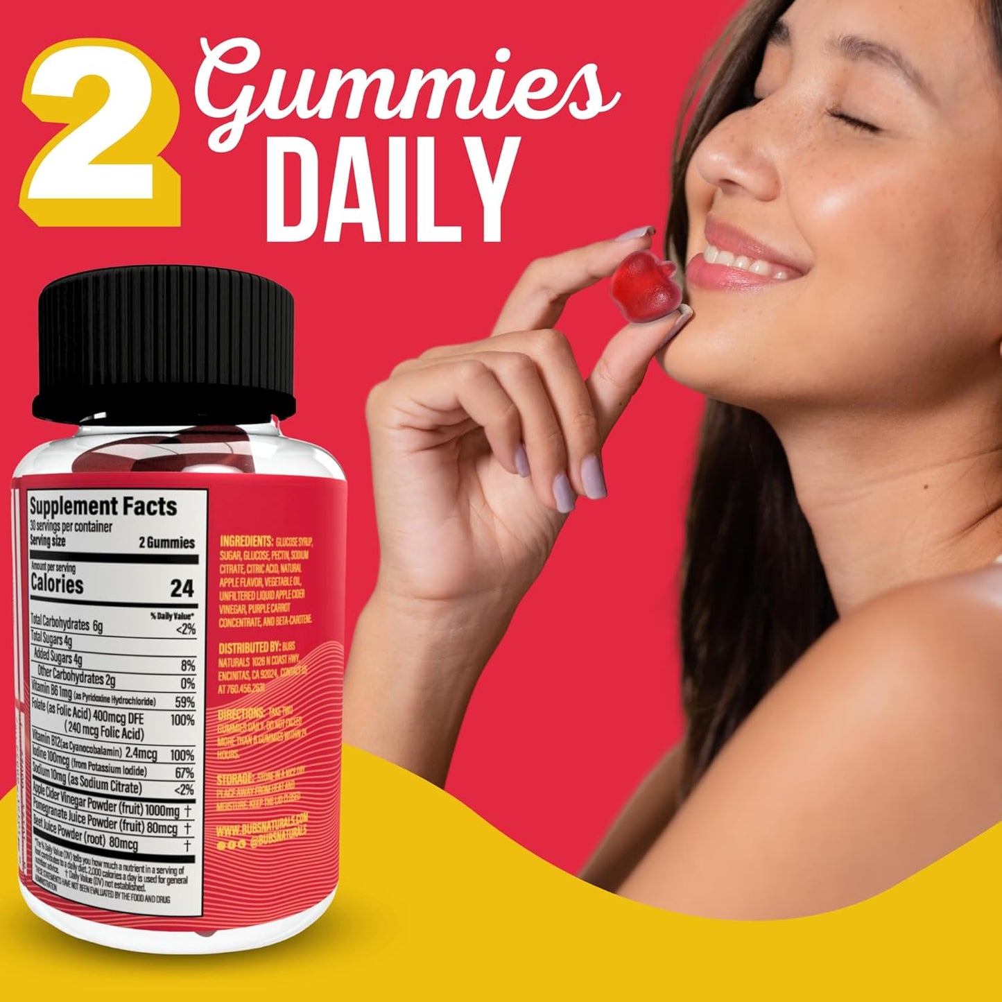 All-Natural BUBS Naturals Apple Cider Vinegar Gummies with B Vitamins - 60 Count Vegan ACV Gummy Vitamins for Detox, Digestion, & Energy Boost