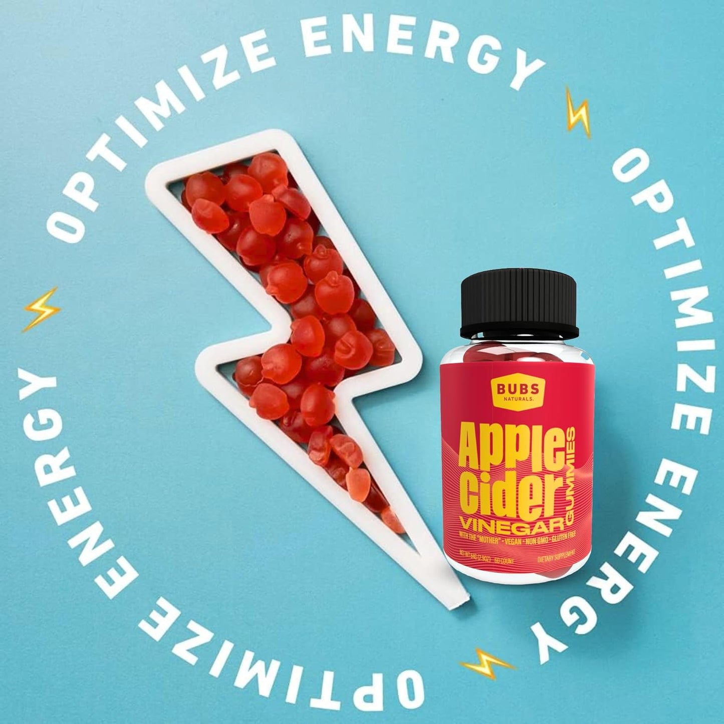 All-Natural BUBS Naturals Apple Cider Vinegar Gummies with B Vitamins - 60 Count Vegan ACV Gummy Vitamins for Detox, Digestion, & Energy Boost
