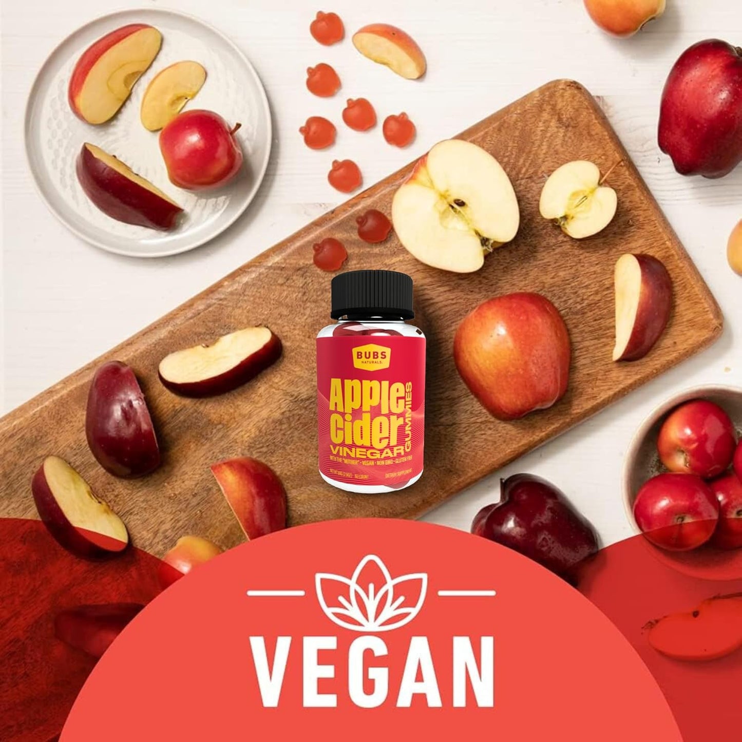 All-Natural BUBS Naturals Apple Cider Vinegar Gummies with B Vitamins - 60 Count Vegan ACV Gummy Vitamins for Detox, Digestion, & Energy Boost