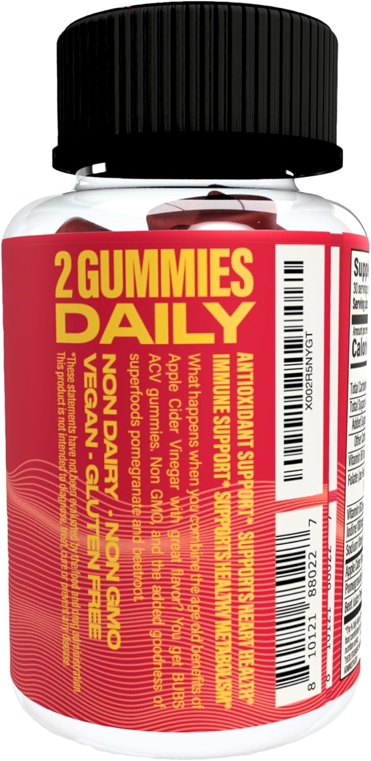 All-Natural BUBS Naturals Apple Cider Vinegar Gummies with B Vitamins - 60 Count Vegan ACV Gummy Vitamins for Detox, Digestion, & Energy Boost