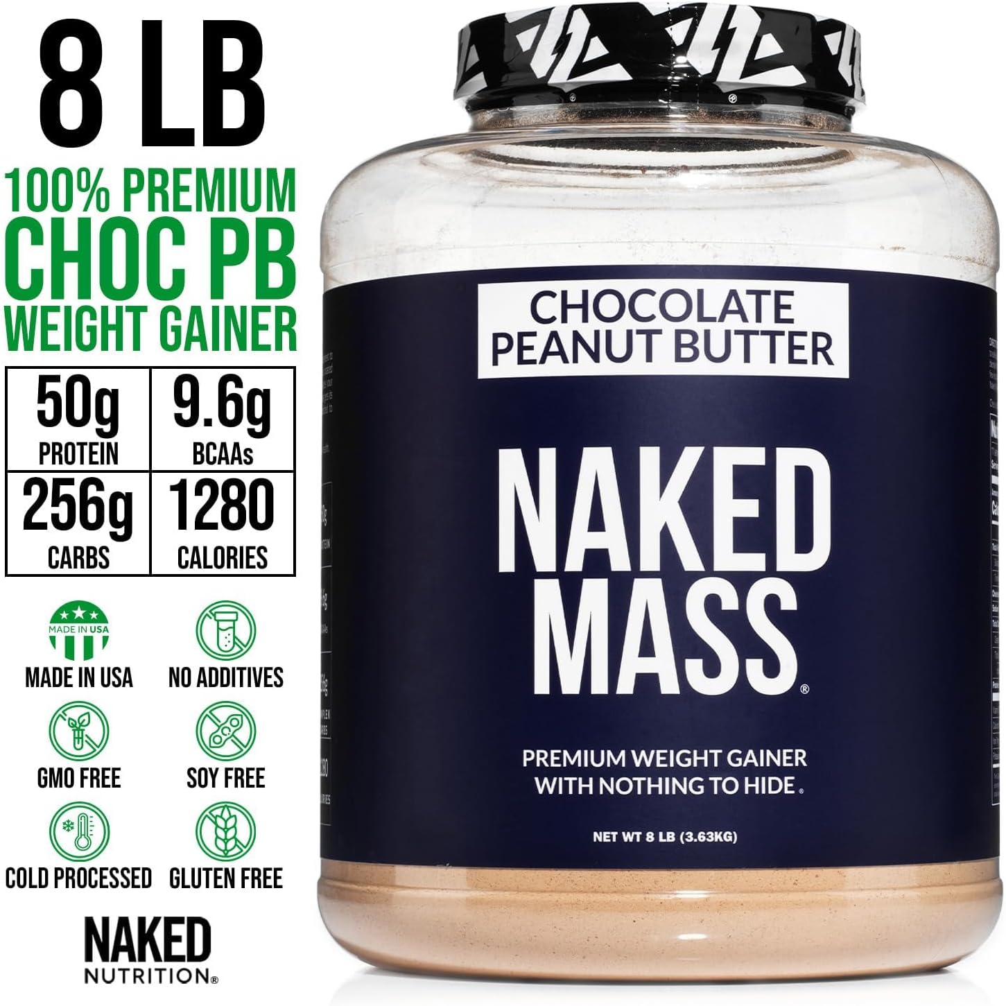 All Natural Chocolate Peanut Butter Weight Gainer Protein Powder - 8Lb Bulk, 1,280 Calories, 50G Protein, GMO, Gluten & Soy Free