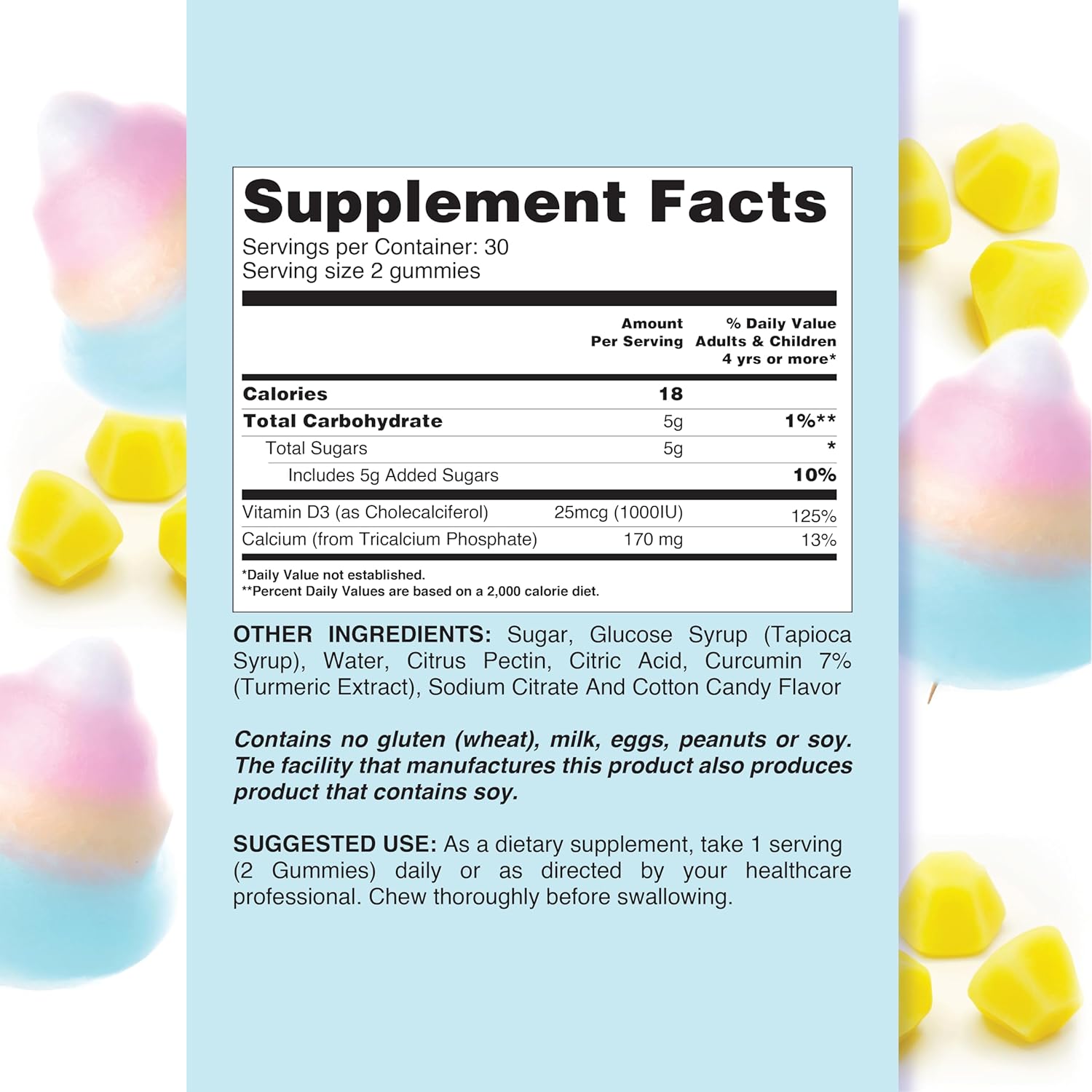 All-Natural Cotton Candy Flavored Calcium & Vitamin D Gummies - 60 Count