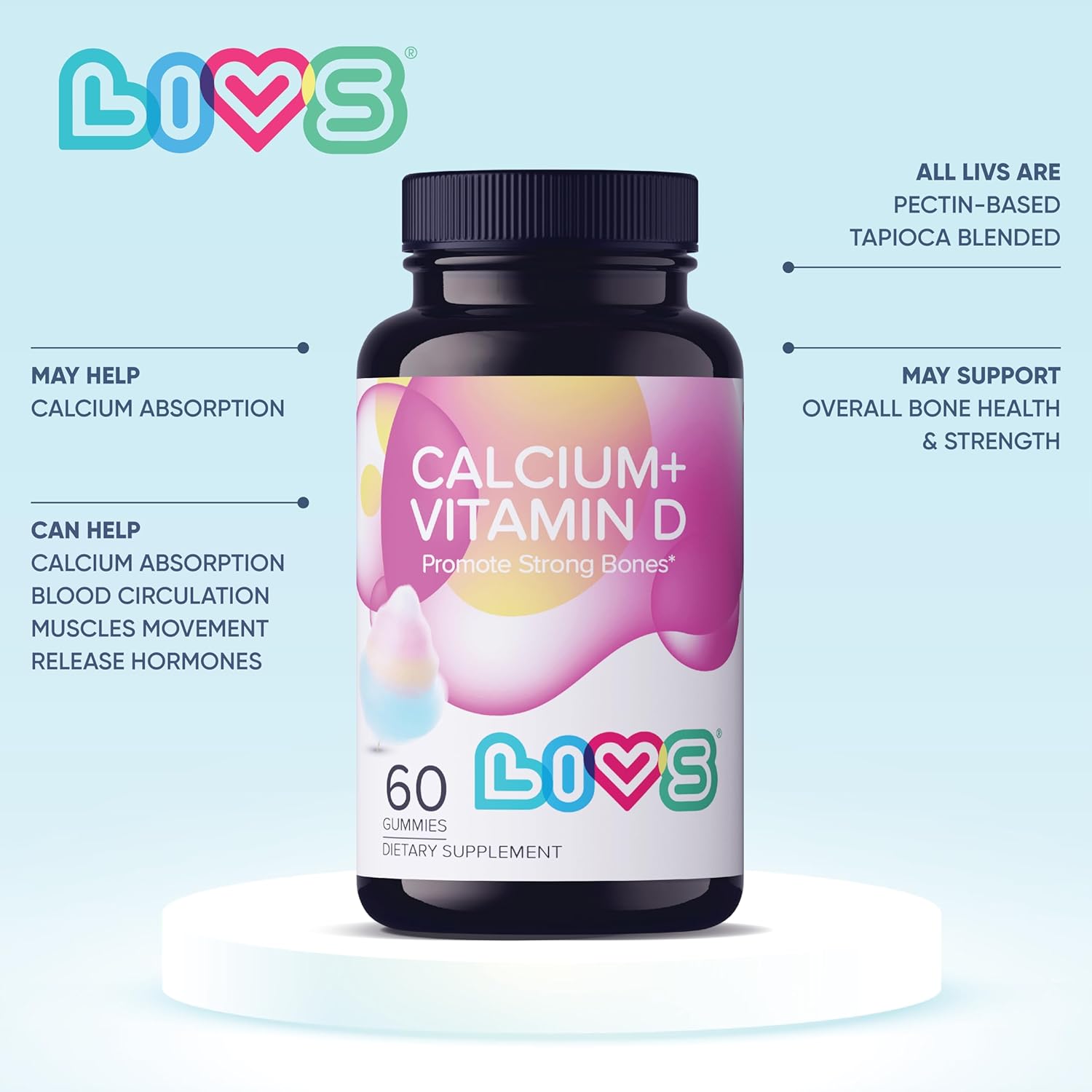 All-Natural Cotton Candy Flavored Calcium & Vitamin D Gummies - 60 Count