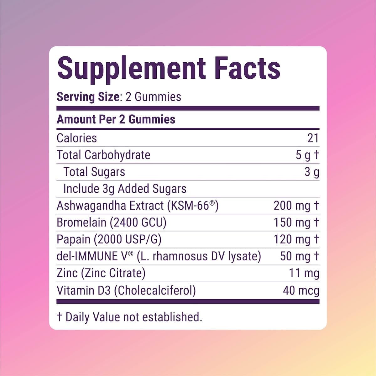 All Natural Del-Immune V + Ashwagandha Brain Immune Gut Gummies - Immune & Gut Support with Zinc, Vitamin D3, and Digestive Enzymes (60 Count)