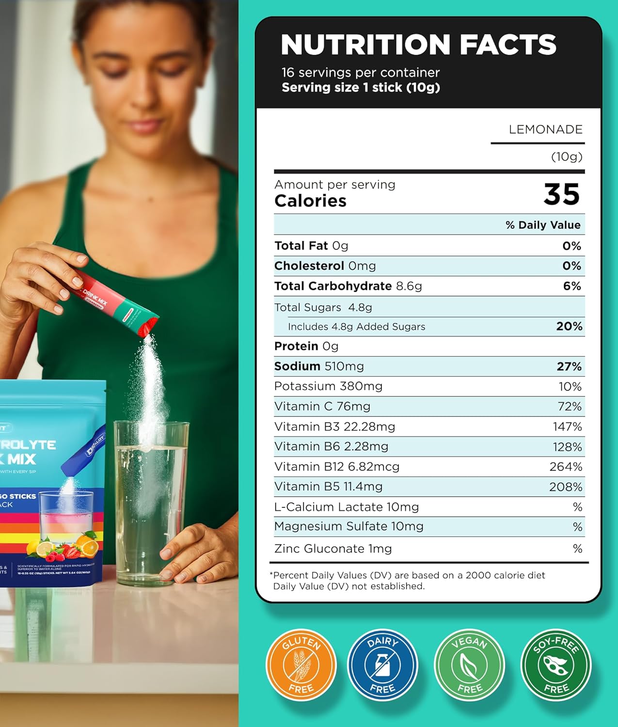 All Natural Electrolyte Powder Packets with 5 Electrolytes & 5 Vitamins for Rapid Hydration & Recovery - Variety Pack of 16 Sticks, Sugar Free, Keto Friendly, Vegan & Non-GMO