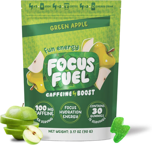 All-Natural Focus + Energy Gummies with 100mg Caffeine, B12, Magnesium, Electrolytes - Green Apple Flavor, 30 Chews - BoostGo Australia