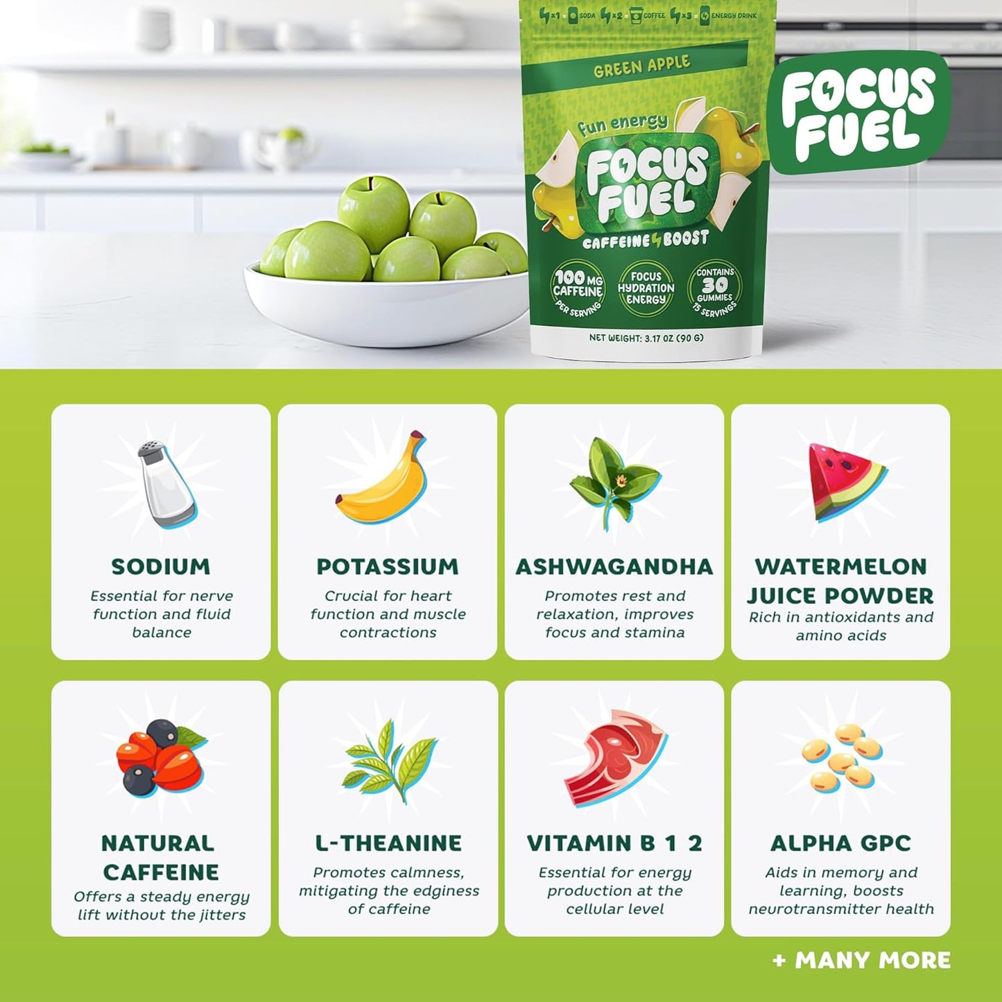 All-Natural Focus + Energy Gummies with 100mg Caffeine, B12, Magnesium, Electrolytes - Green Apple Flavor, 30 Chews - BoostGo Australia