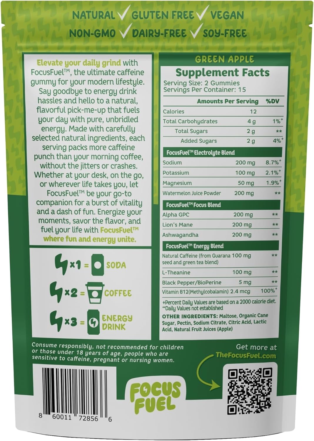 All-Natural Focus + Energy Gummies with 100mg Caffeine, B12, Magnesium, Electrolytes - Green Apple Flavor, 30 Chews - BoostGo Australia