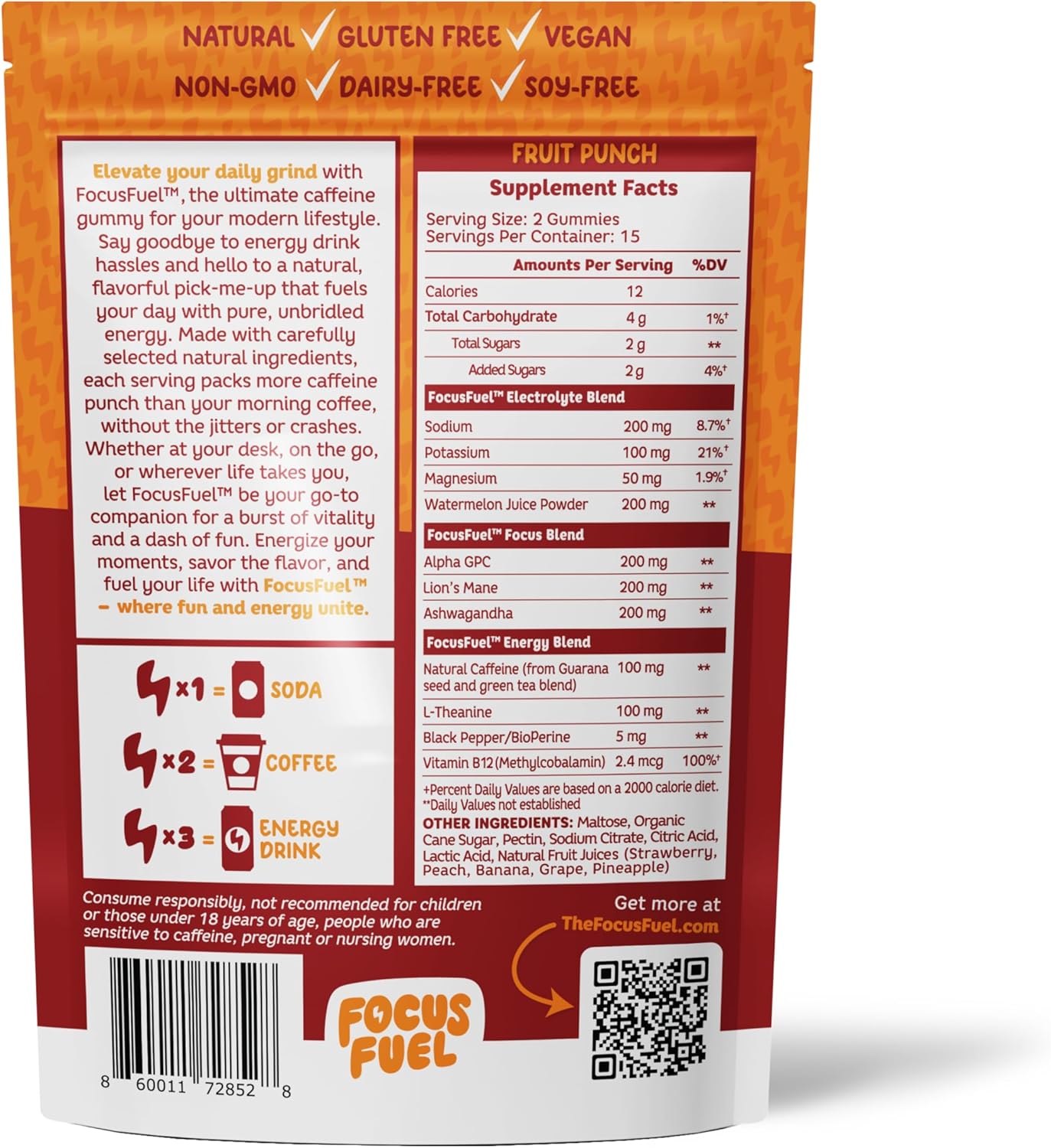 All-Natural FocusFuel Energy Chews - Boost Focus and Energy with 100mg Caffeine, B12, Magnesium, Electrolytes - Fruit Punch Flavor, 30 Chews - BoostGo Australia