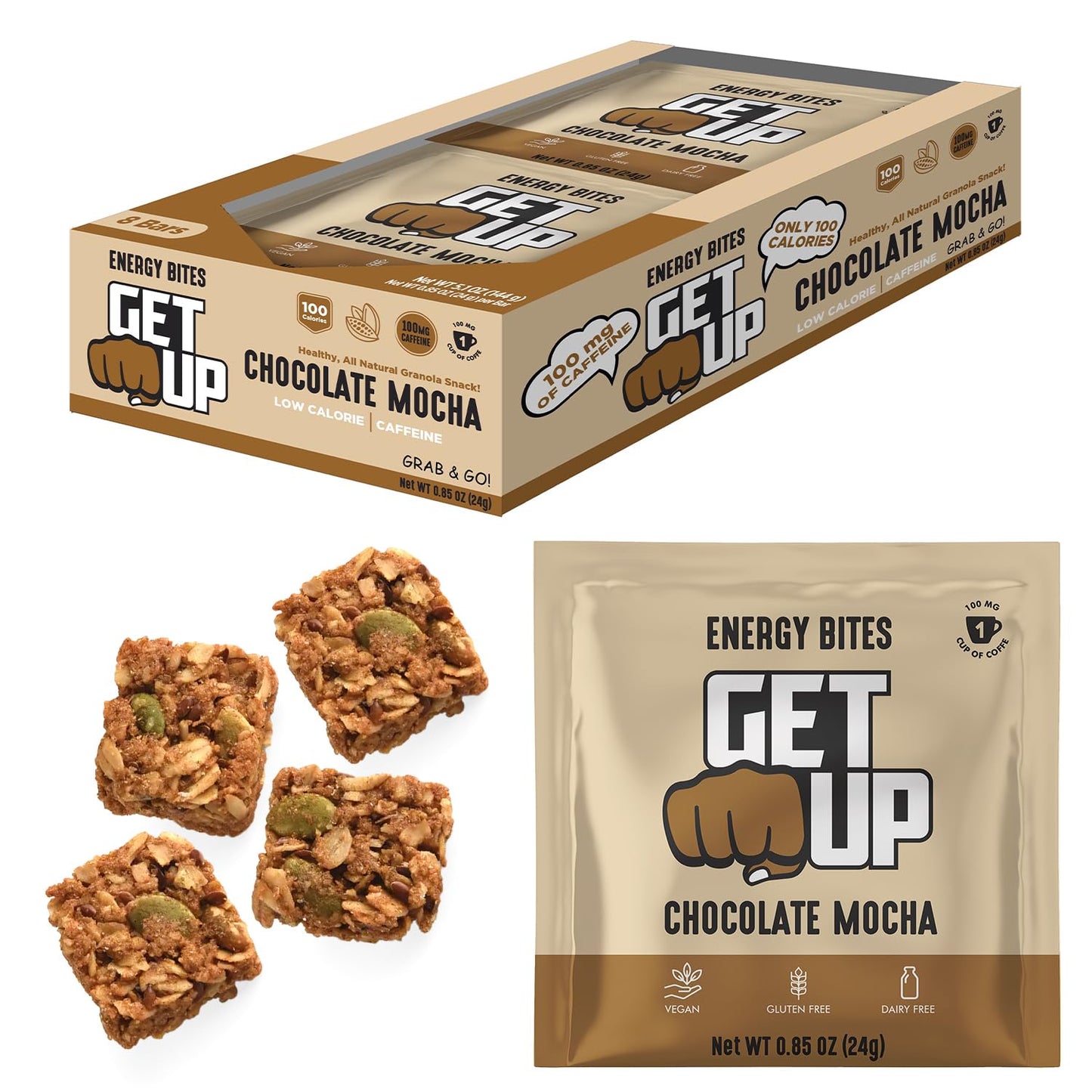 All Natural GetUp Energy Bites - Low Calorie, Caffeinated Vegan Snack with Plant Based Ingredients, Gluten Free, Portable 10 Pack