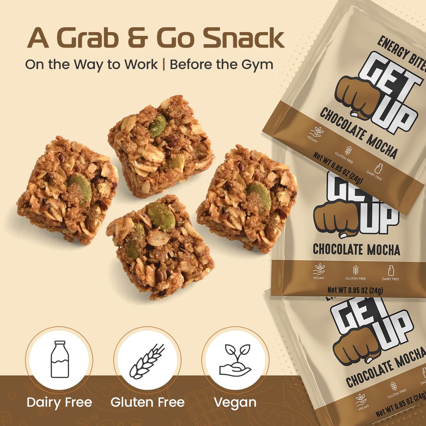 All Natural GetUp Energy Bites - Low Calorie, Caffeinated Vegan Snack with Plant Based Ingredients, Gluten Free, Portable 10 Pack