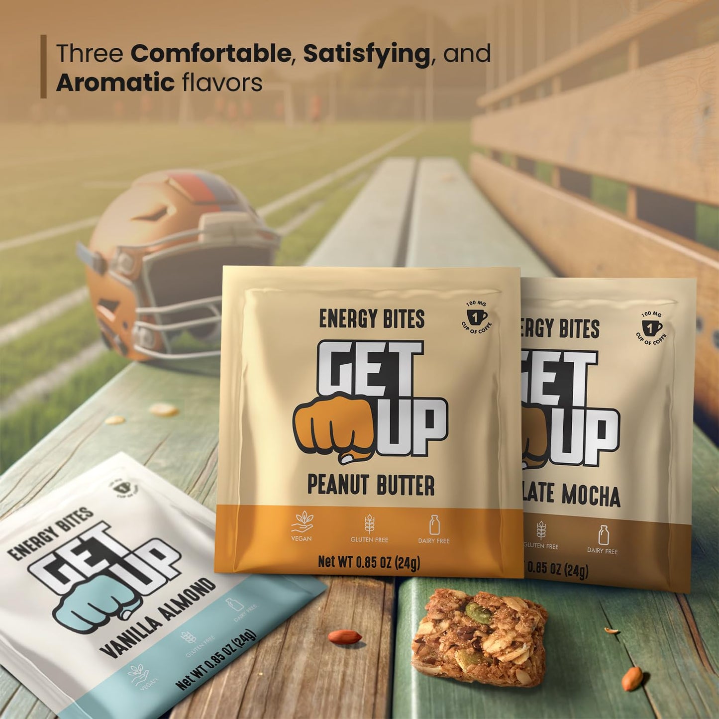 All Natural GetUp Energy Bites - Low Calorie, Caffeinated Vegan Snack with Plant Based Ingredients, Gluten Free, Portable 10 Pack