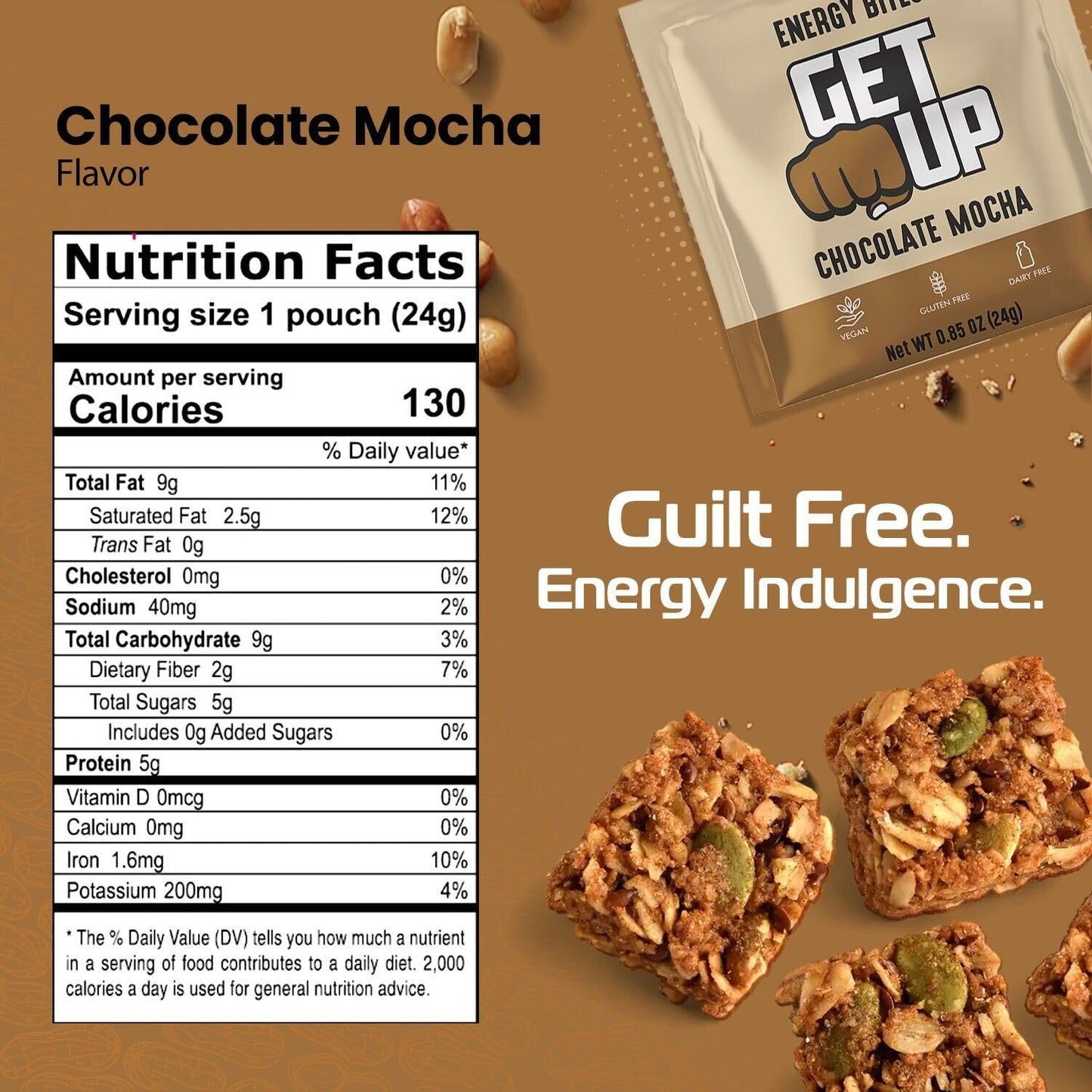 All Natural GetUp Energy Bites - Low Calorie, Caffeinated Vegan Snack with Plant Based Ingredients, Gluten Free, Portable 10 Pack