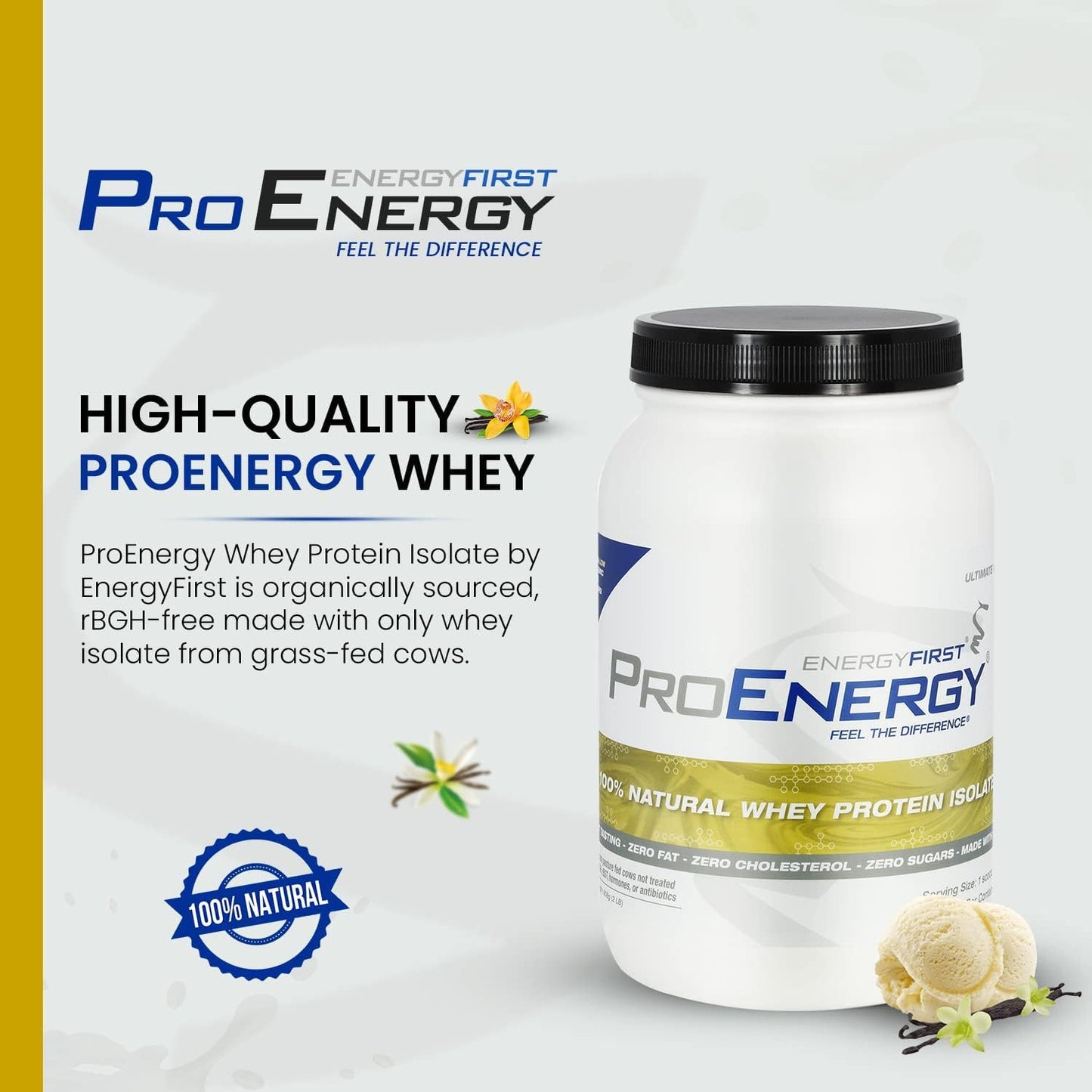 All-Natural Grass-Fed Vanilla Whey Protein Isolate Shake - Sugar-Free, Gluten-Free, Zero Lactose - 2lb for Keto & Recovery