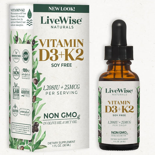 All-Natural Live Wise Naturals Vitamin D3 with K2 Liquid Drops - Non-GMO, 1208iu D3 & 25mcg K2 (mk7) - Supports Bones, Immune System, Energy - Peppermint Optional