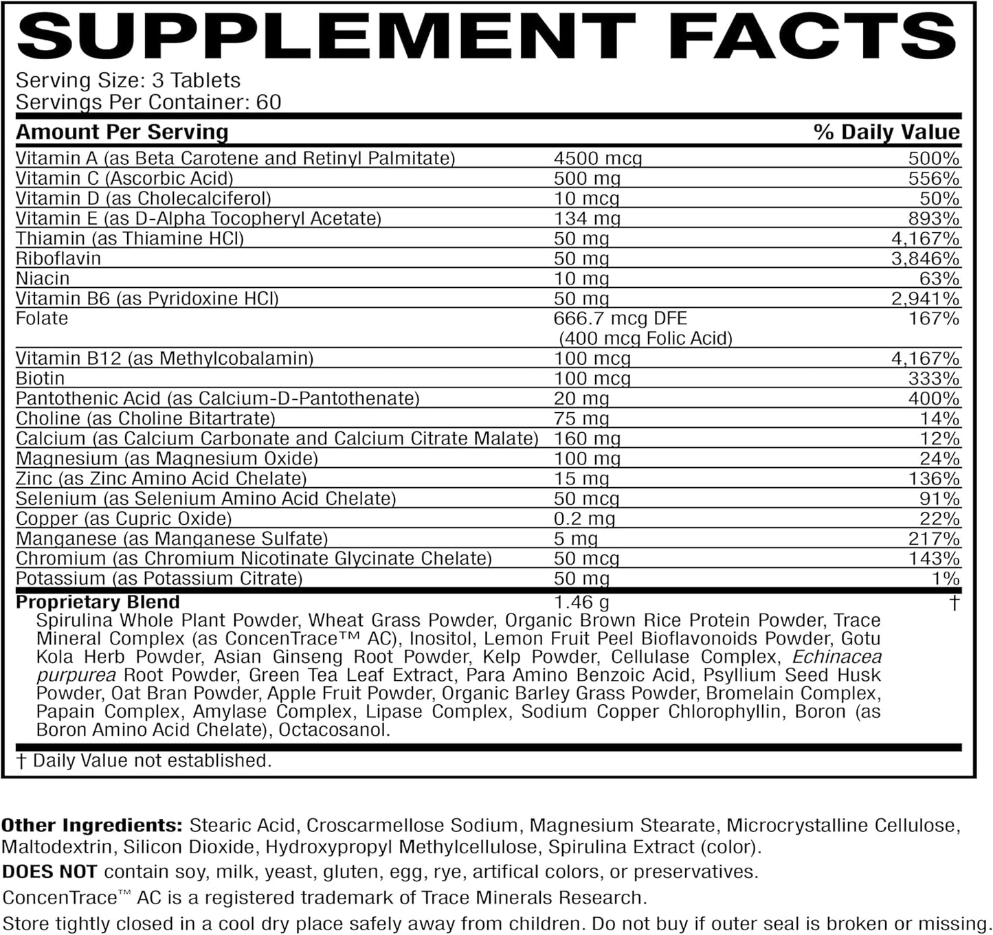 All Natural Multivitamin & Mineral Tablets with Whole Food Concentrates & Antioxidants - 60 Tablets