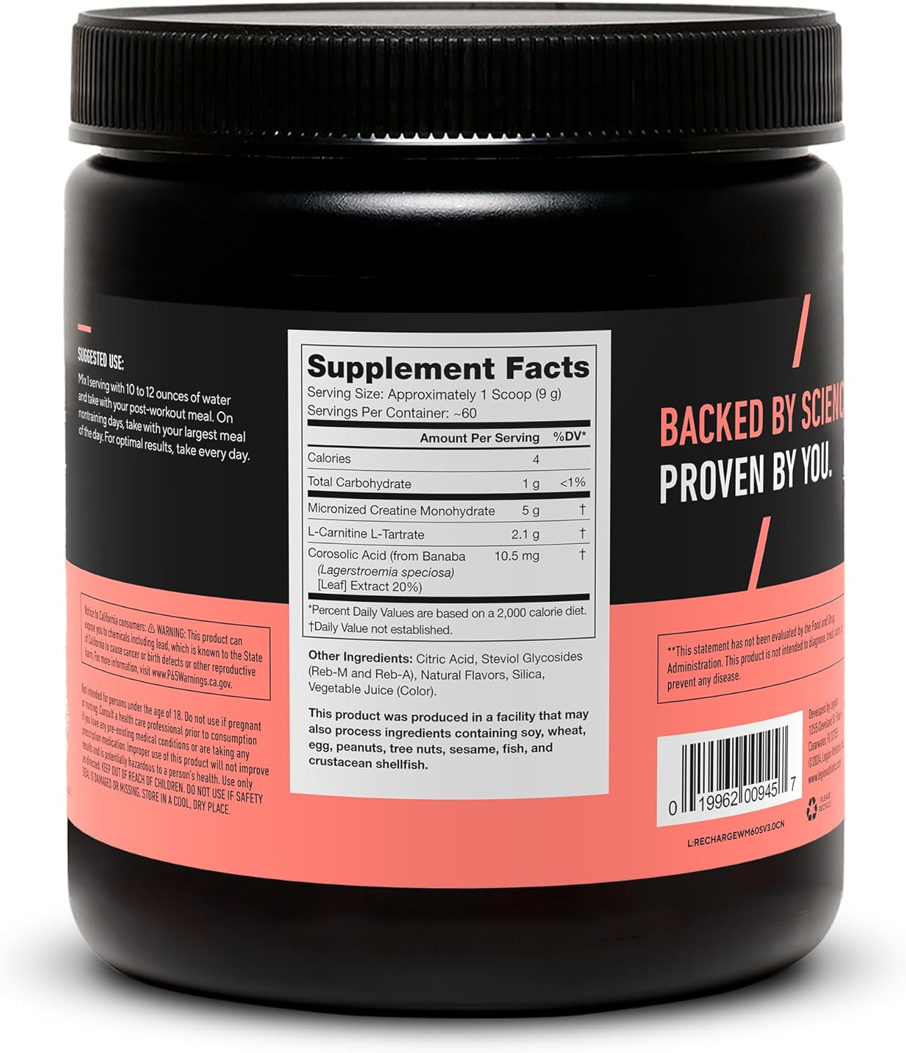 All Natural Muscle Builder & Recovery Drink with Creatine Monohydrate - Legion Athletics Recharge Post Workout Supplement, Watermelon Flavor, 60 Servings