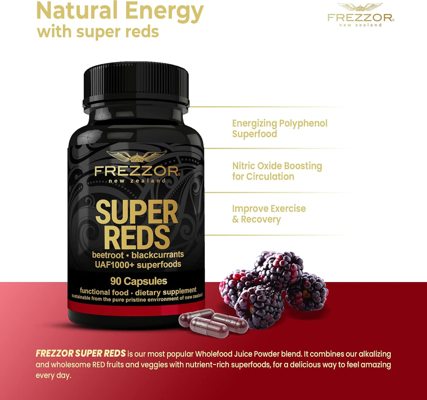 All-Natural New Zealand Red Superfood Energy Capsules with Antioxidants & Enzymes, 90 Capsules