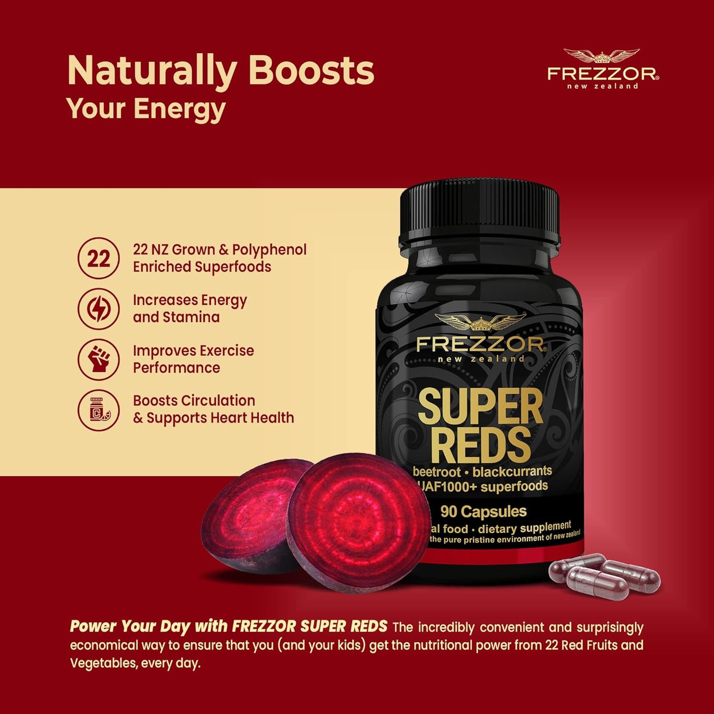 All-Natural New Zealand Red Superfood Energy Capsules with Antioxidants & Enzymes, 90 Capsules