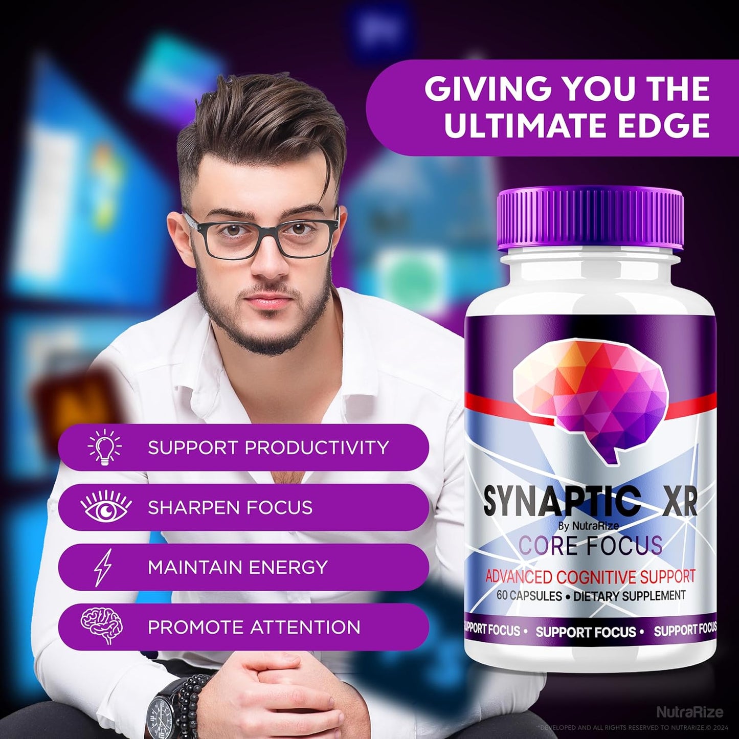 All Natural NutraRize Synaptic XR Core Focus Capsules for Cognitive Health - Memory Boosting Formula with Great Reviews (60 Capsules)