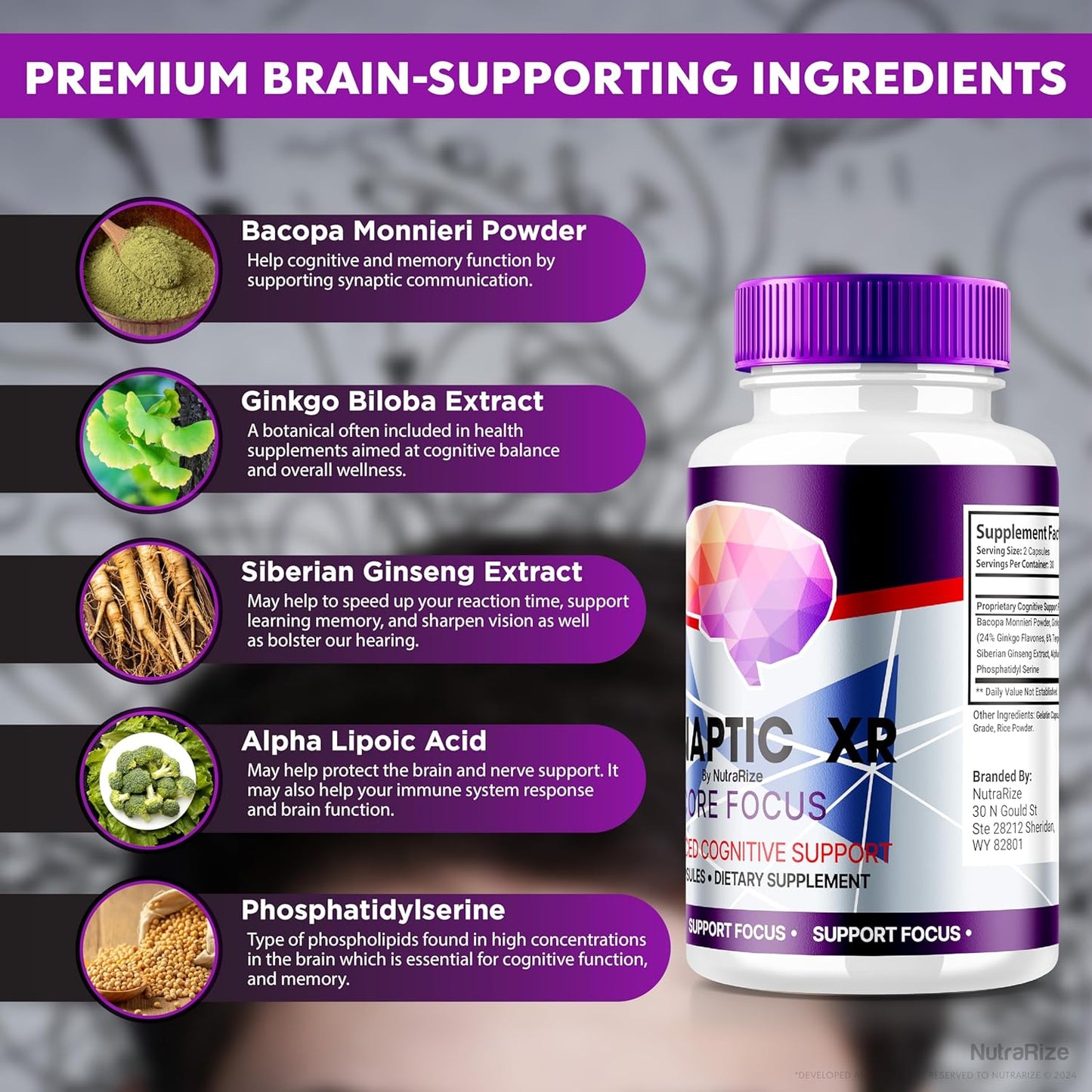 All Natural NutraRize Synaptic XR Core Focus Capsules for Cognitive Health - Memory Boosting Formula with Great Reviews (60 Capsules)