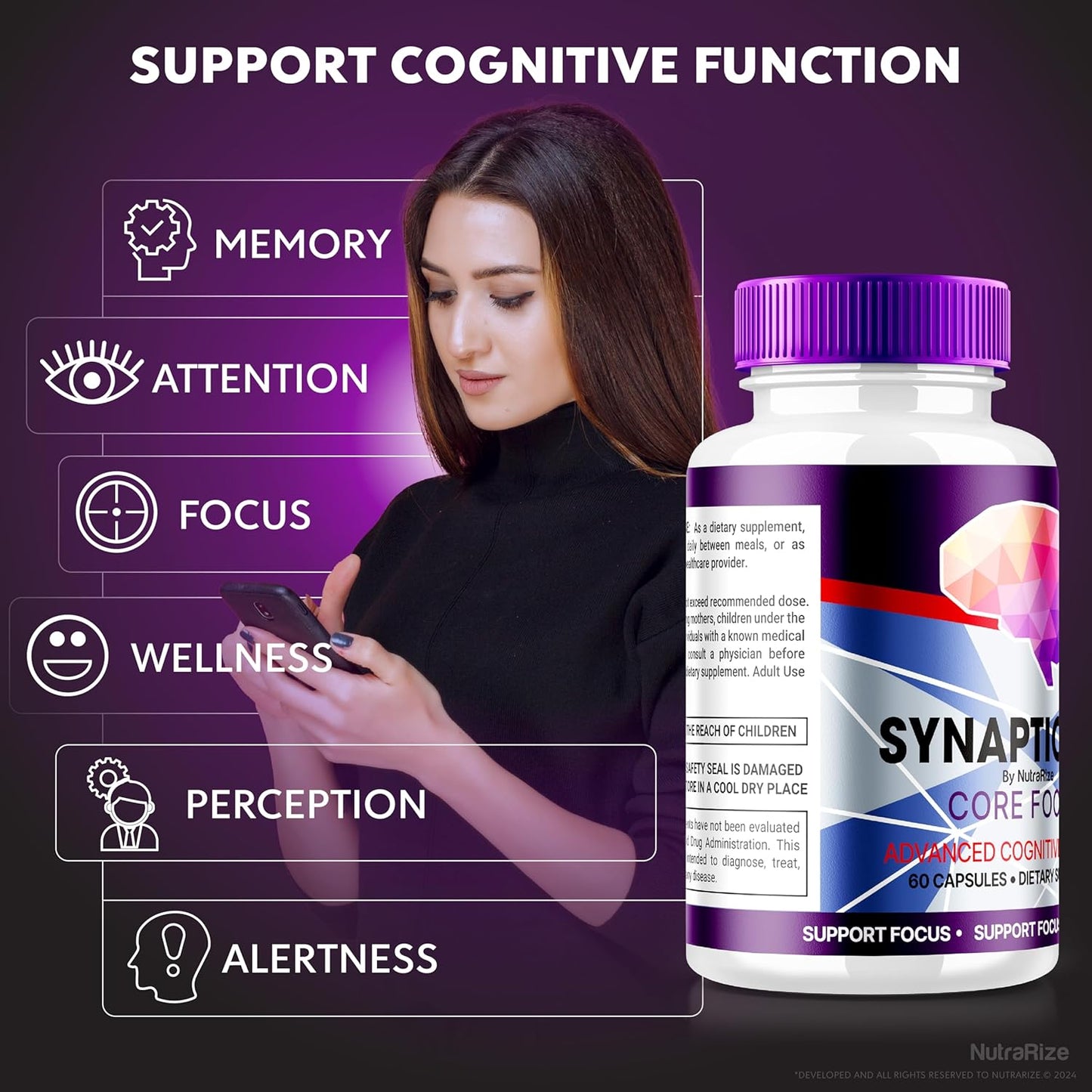All Natural NutraRize Synaptic XR Core Focus Capsules for Cognitive Health - Memory Boosting Formula with Great Reviews (60 Capsules)