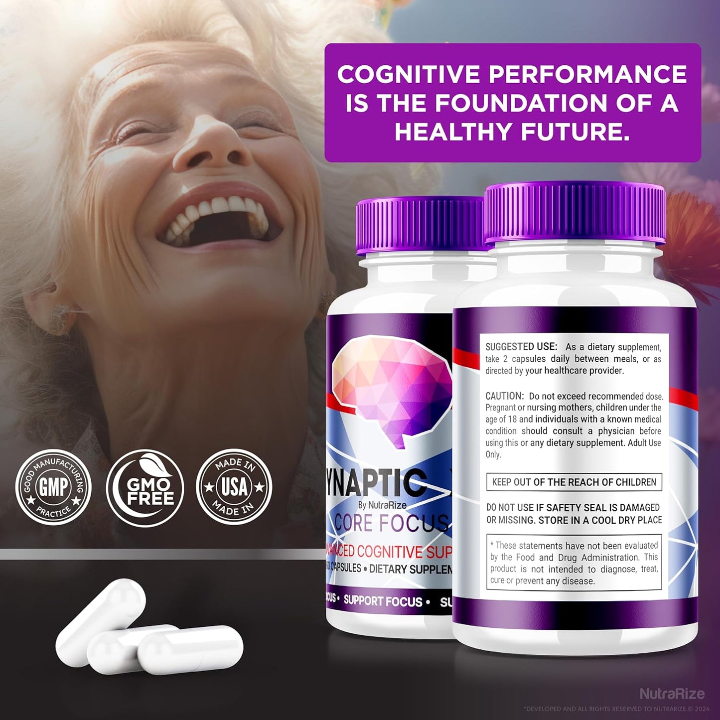 All Natural NutraRize Synaptic XR Core Focus Capsules for Cognitive Health - Memory Boosting Formula with Great Reviews (60 Capsules)