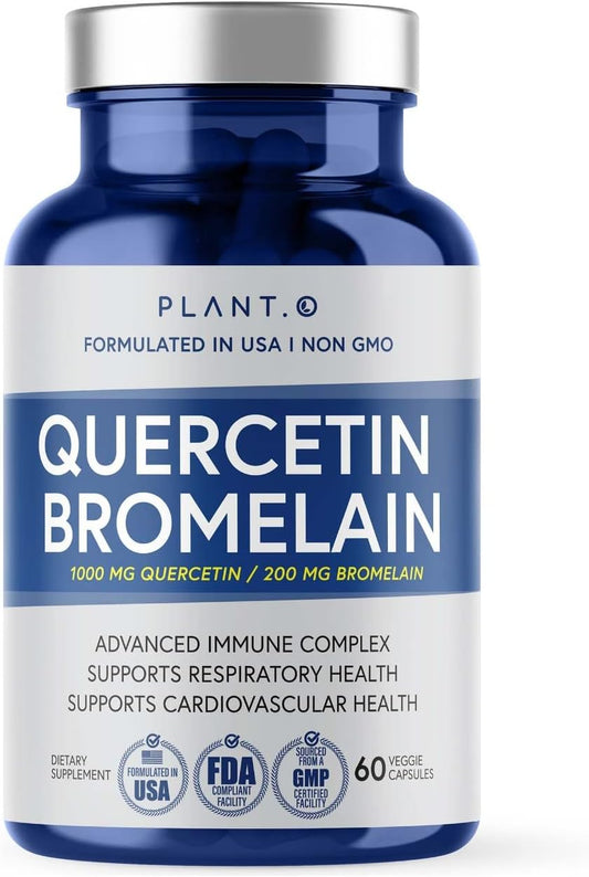 All Natural Plant.O Nutrition Quercetin with Bromelain Capsules - Immune, Respiratory, Joint Support - 1000mg Quercetin, 200mg Bromelain - 60 Veg Caps