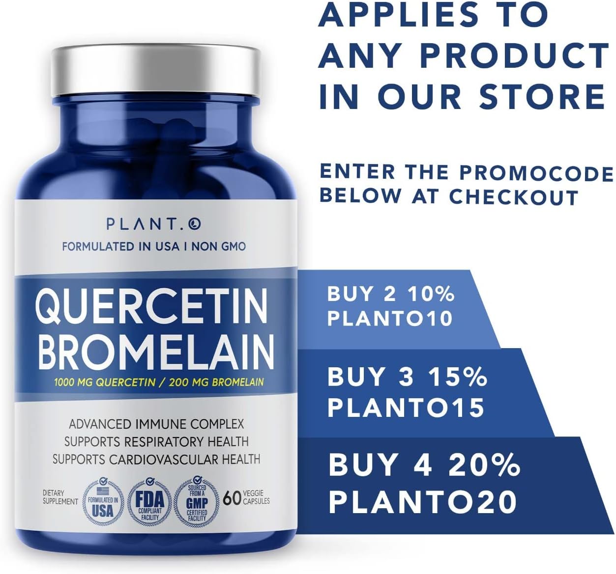 All Natural Plant.O Nutrition Quercetin with Bromelain Capsules - Immune, Respiratory, Joint Support - 1000mg Quercetin, 200mg Bromelain - 60 Veg Caps