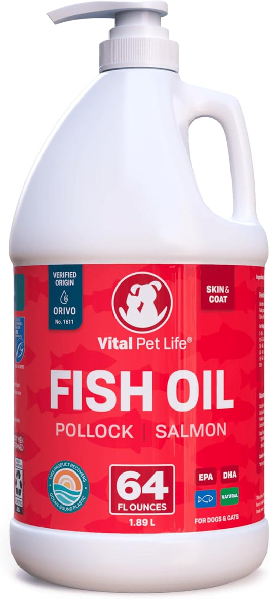 All Natural Salmon & Pollock Fish Oil for Dogs - Omega 3 EPA DHA Supplement for Healthy Skin & Coat, Itching & Allergy Defense, 64 oz
