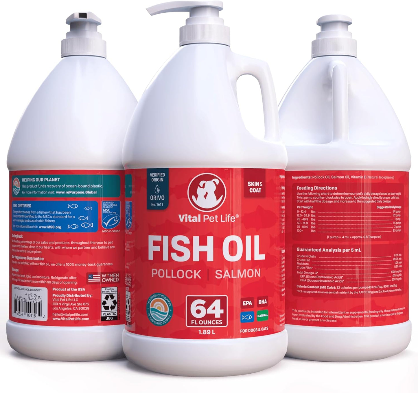 All Natural Salmon & Pollock Fish Oil for Dogs - Omega 3 EPA DHA Supplement for Healthy Skin & Coat, Itching & Allergy Defense, 64 oz
