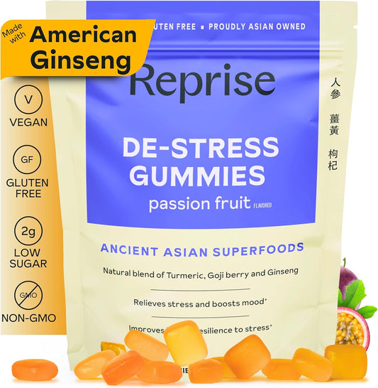 All-Natural Stress Relief Gummies with American Ginseng, Turmeric, and Goji - Mood Boosting & Relaxation Support, Low-Sugar Vegan Supplement, 45 Gummies - Passion Fruit Flavor