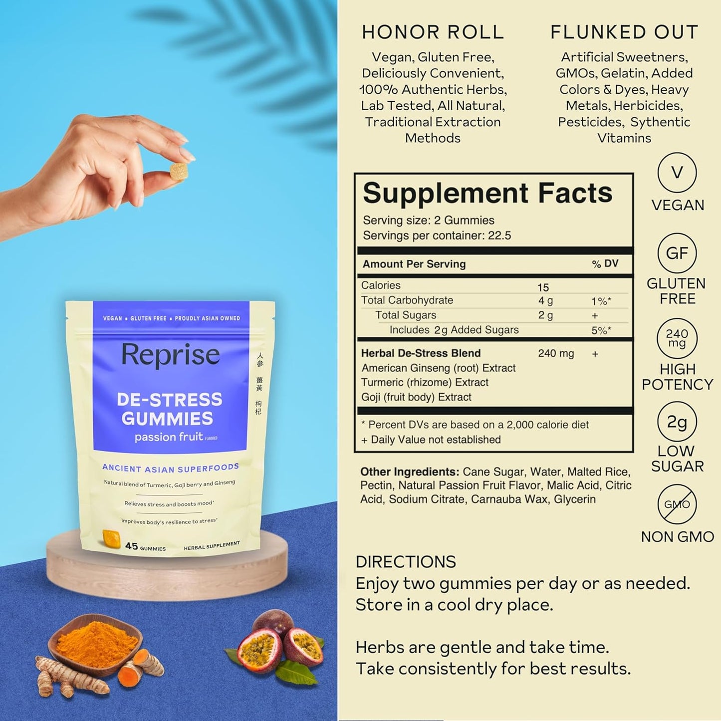 All-Natural Stress Relief Gummies with American Ginseng, Turmeric, and Goji - Mood Boosting & Relaxation Support, Low-Sugar Vegan Supplement, 45 Gummies - Passion Fruit Flavor