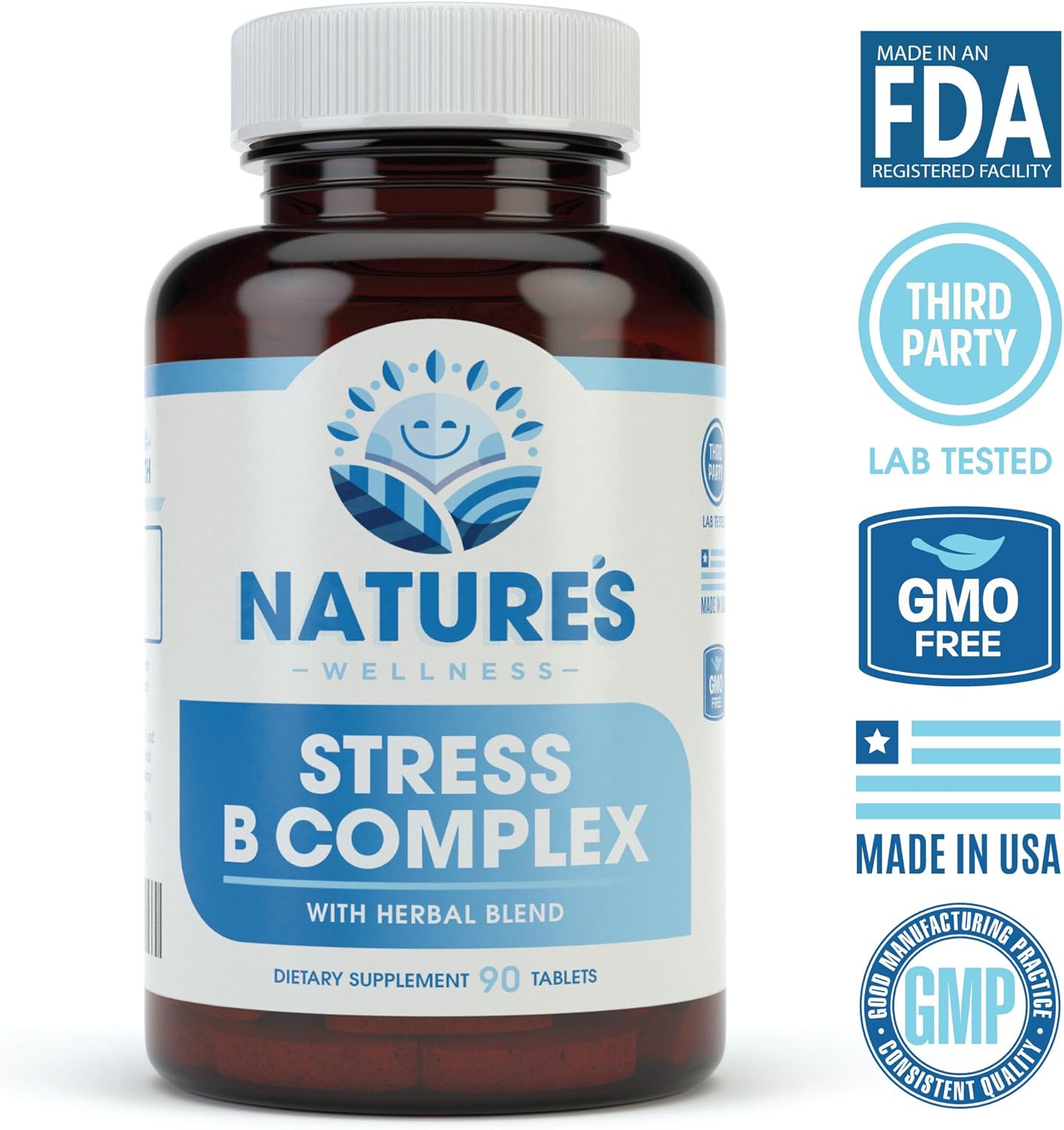 All Natural Stress Relief Vitamin B Complex with Herbal Extract Blend for Mood Support - Includes Vitamin C, PABA, and Choline
