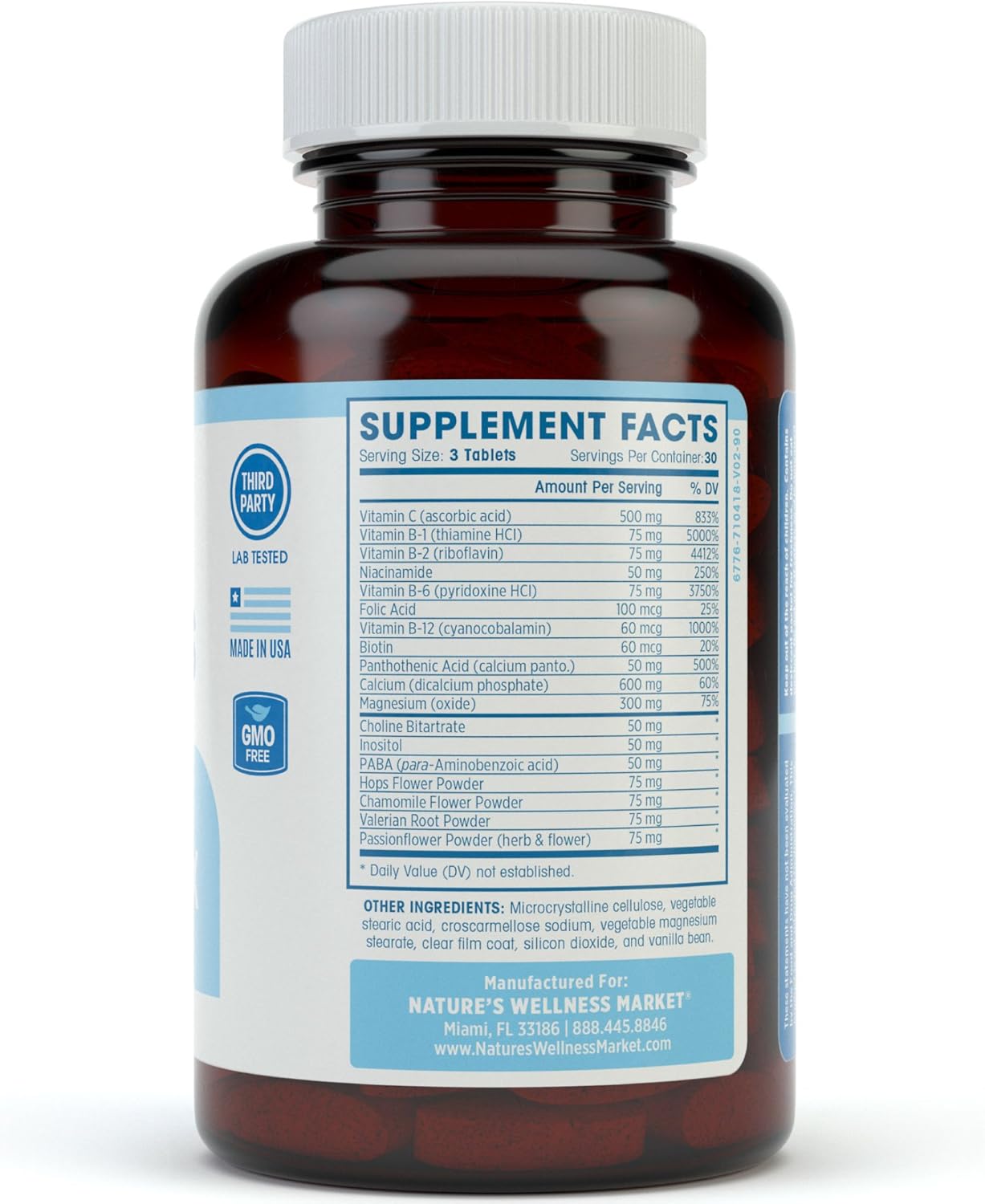 All Natural Stress Relief Vitamin B Complex with Herbal Extract Blend for Mood Support - Includes Vitamin C, PABA, and Choline