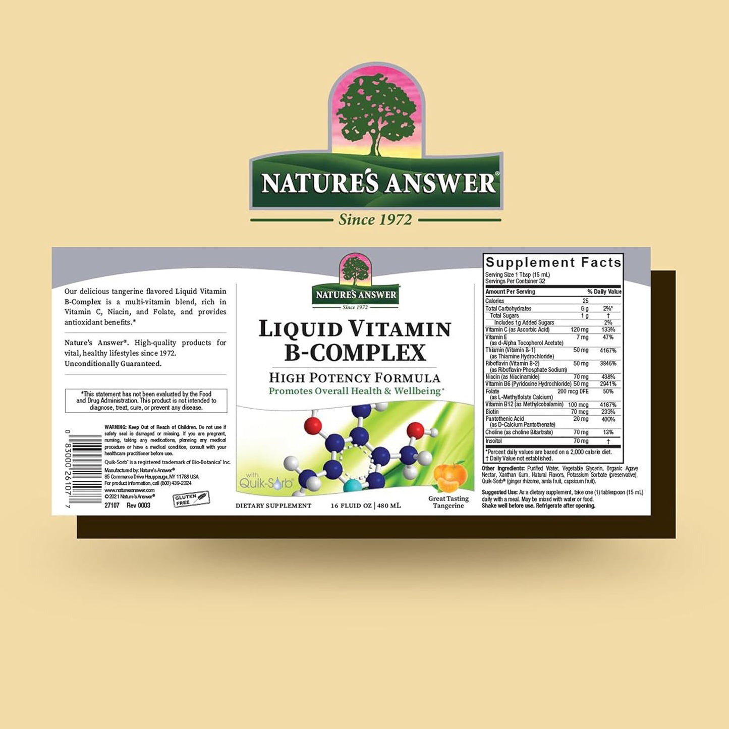 All-Natural Tangerine Flavor Liquid Vitamin B-Complex for Healthy Energy & Nerve Function - Gluten-Free & Benzoate-Free 16oz
