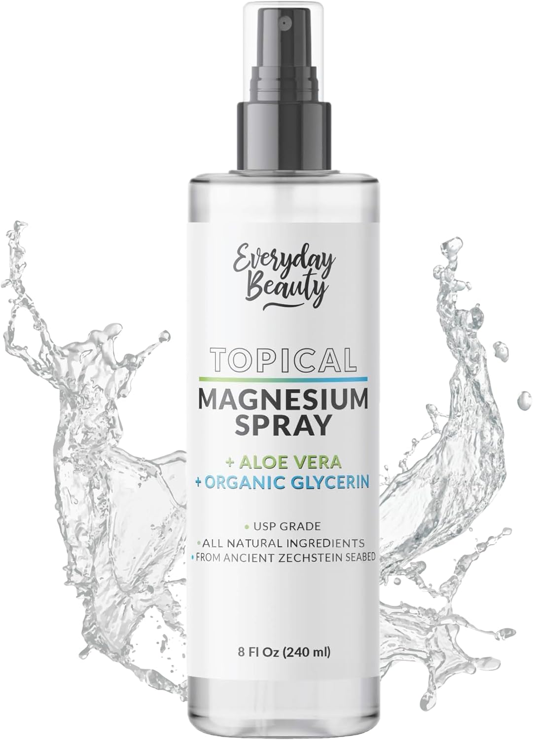 All Natural Topical Magnesium Spray with Aloe & Glycerin for Everyday Beauty - 8 fl oz - Made in USA