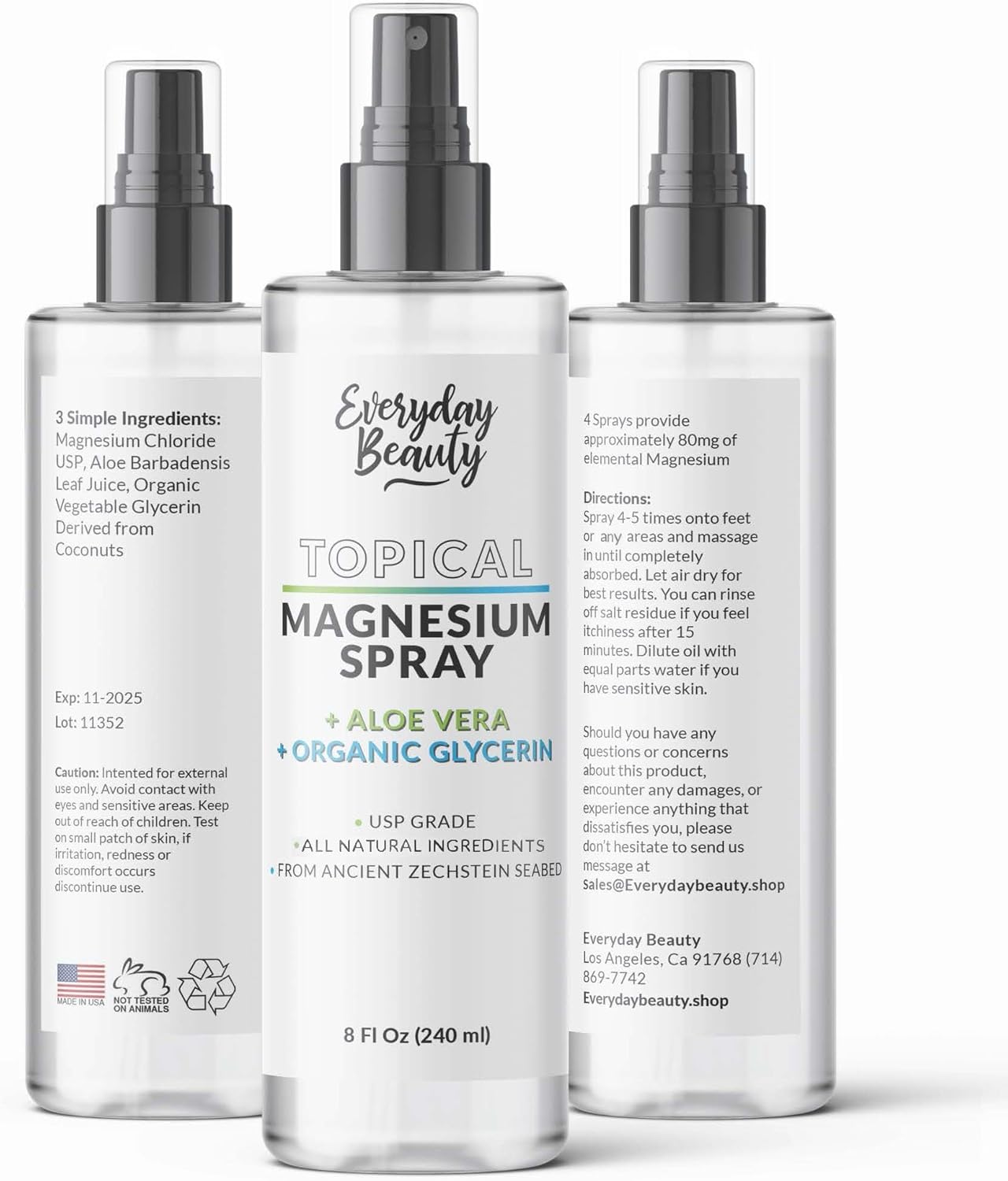 All Natural Topical Magnesium Spray with Aloe & Glycerin for Everyday Beauty - 8 fl oz - Made in USA
