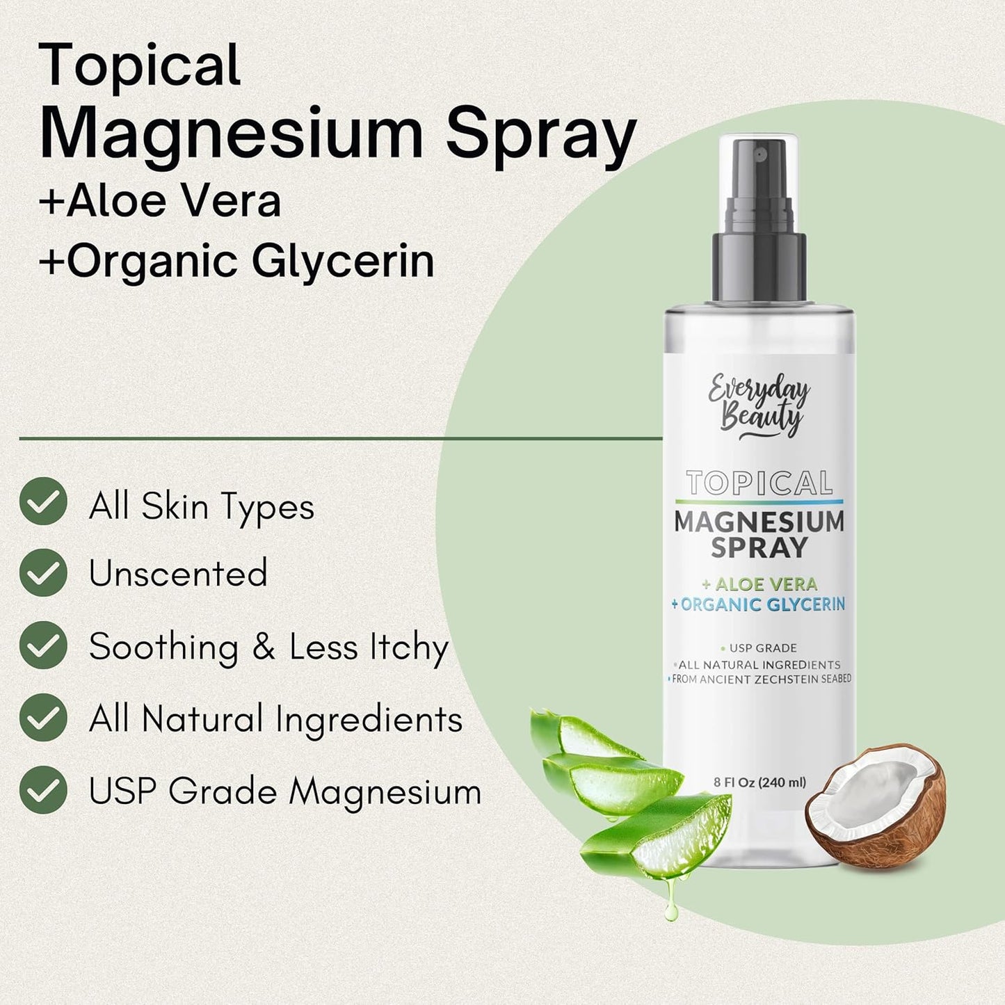 All Natural Topical Magnesium Spray with Aloe & Glycerin for Everyday Beauty - 8 fl oz - Made in USA