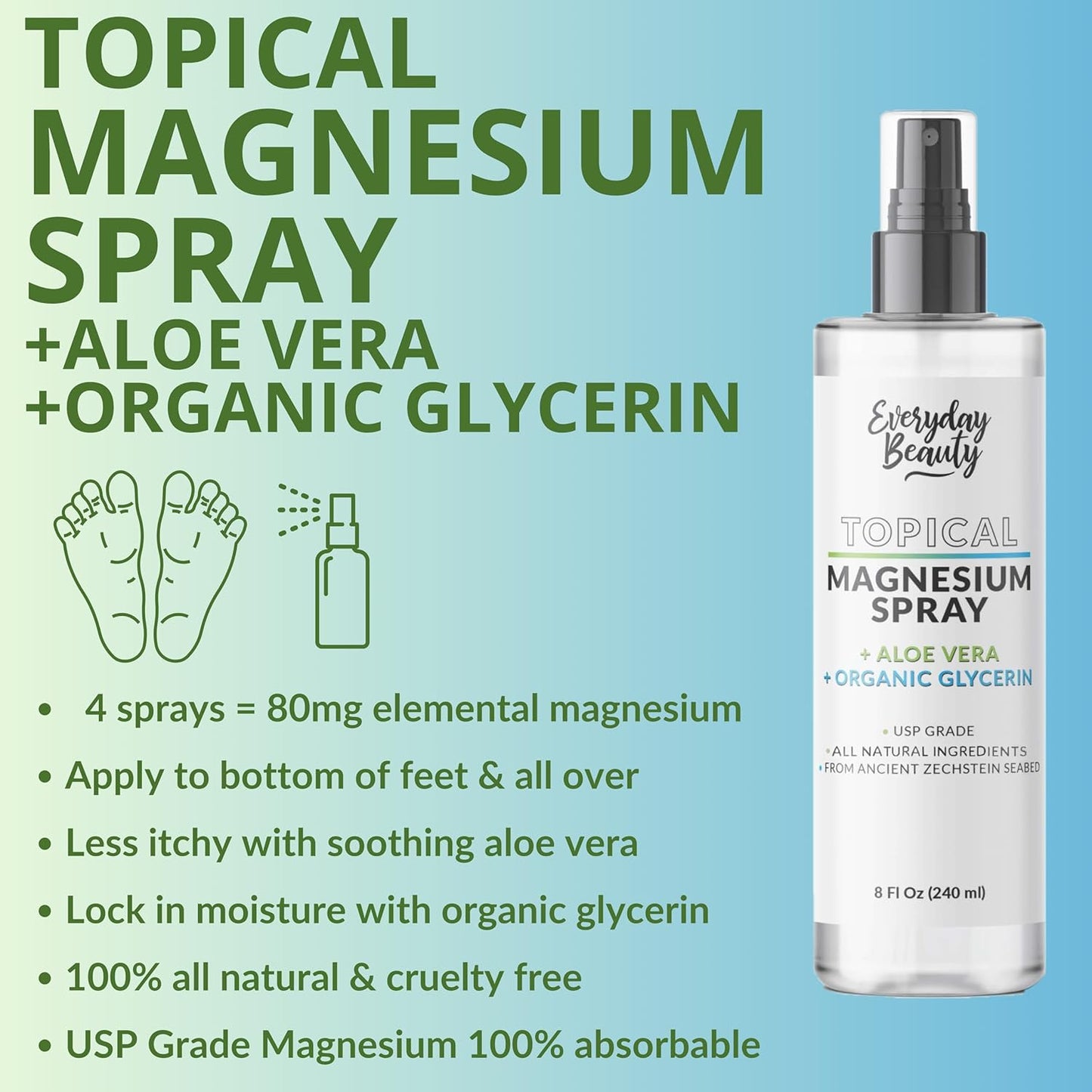 All Natural Topical Magnesium Spray with Aloe & Glycerin for Everyday Beauty - 8 fl oz - Made in USA