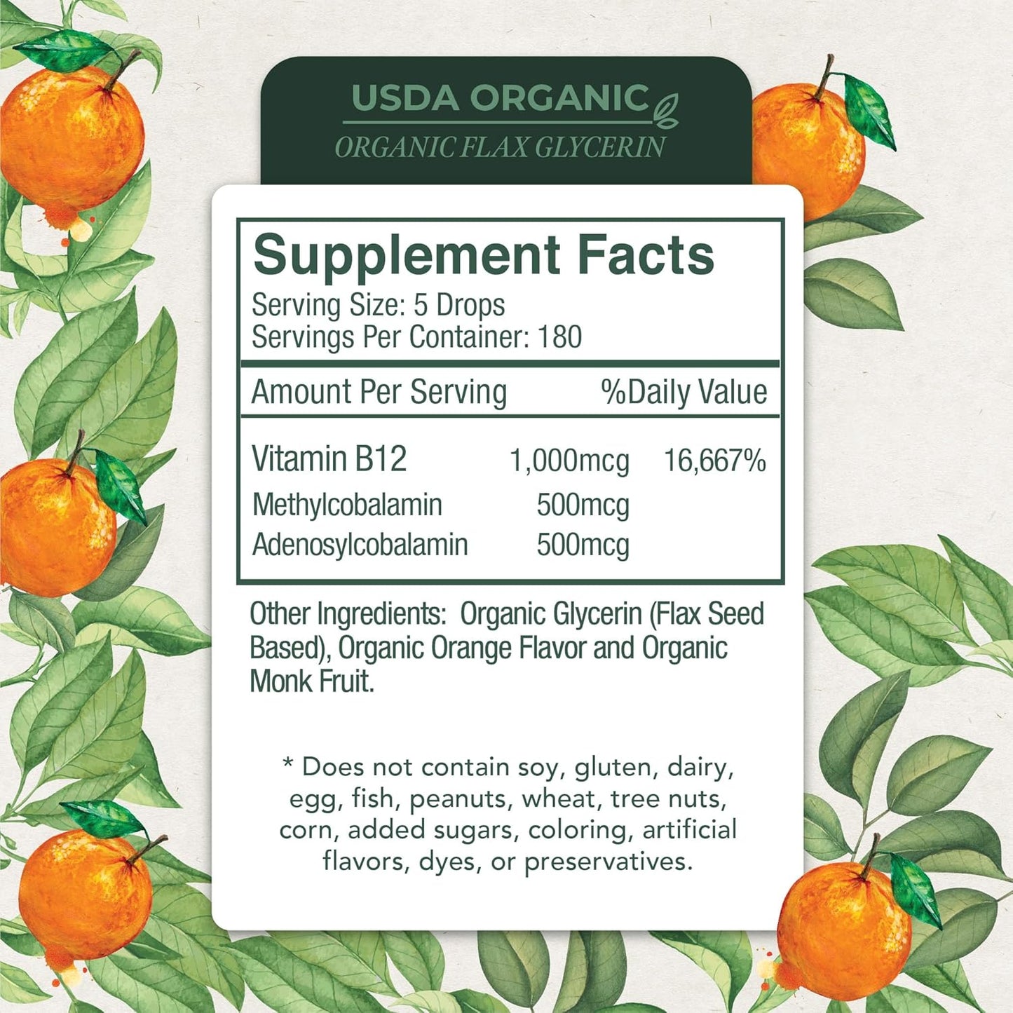 All-Natural Vegan Liquid B12 Drops for Immune System, Energy & Focus - Non-GMO Vitamin Supplement
