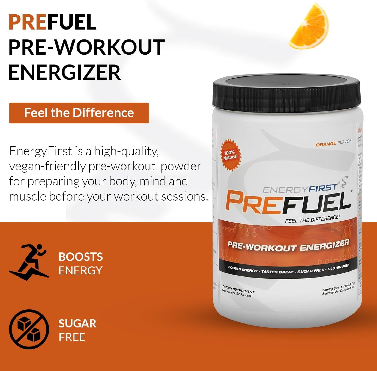 All-Natural Vegan Pre-Workout Powder with Immune Support and Orange Flavor - 30 Servings, Zero Sugar for Maximum Energy and Performance